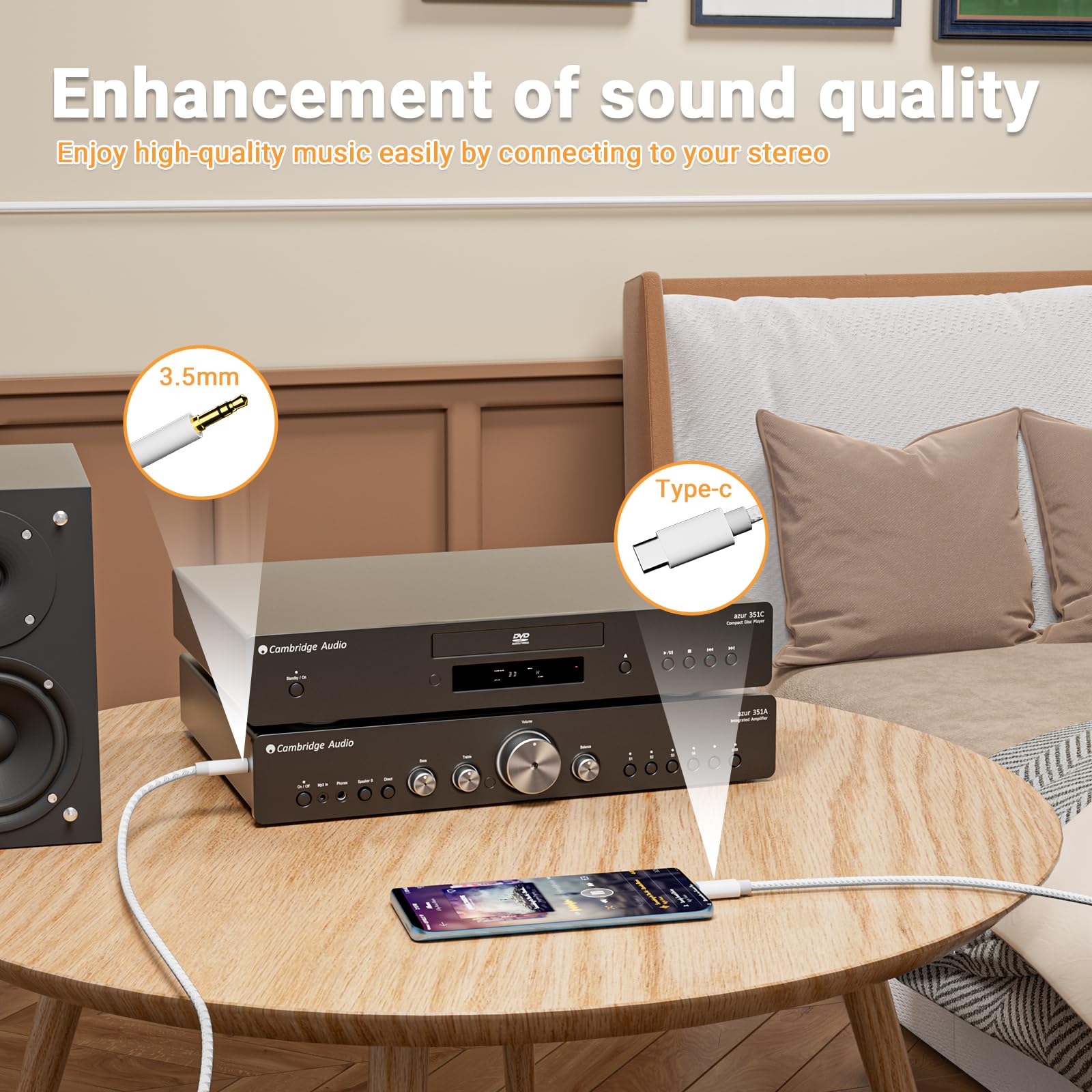 Câble auxiliaire vers USB C, USB C vers jack audio auxiliaire de 3,5 mm, câble stéréo de voiture de type C vers casque de voiture compatible avec iPhone 16 15 Plus/Max, Samsung Galaxy S24 S23
