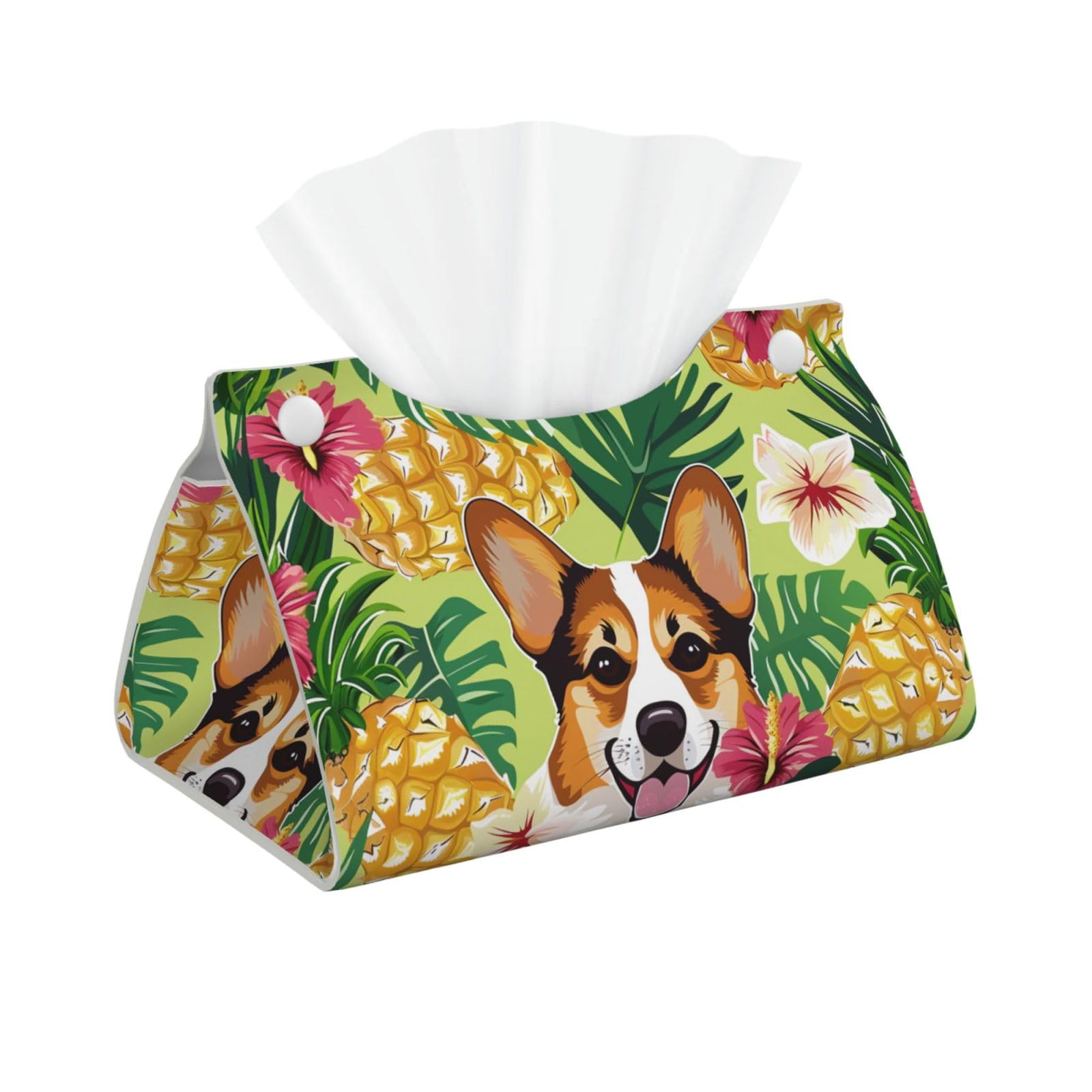 Corgi Hawaiian Tropical Summer Pineapple Print Tissue Box Cover Foldable Tissue Storage Box Leather Tissue Cube Box Holder for Living Room Bedroom Office Car Home Decor