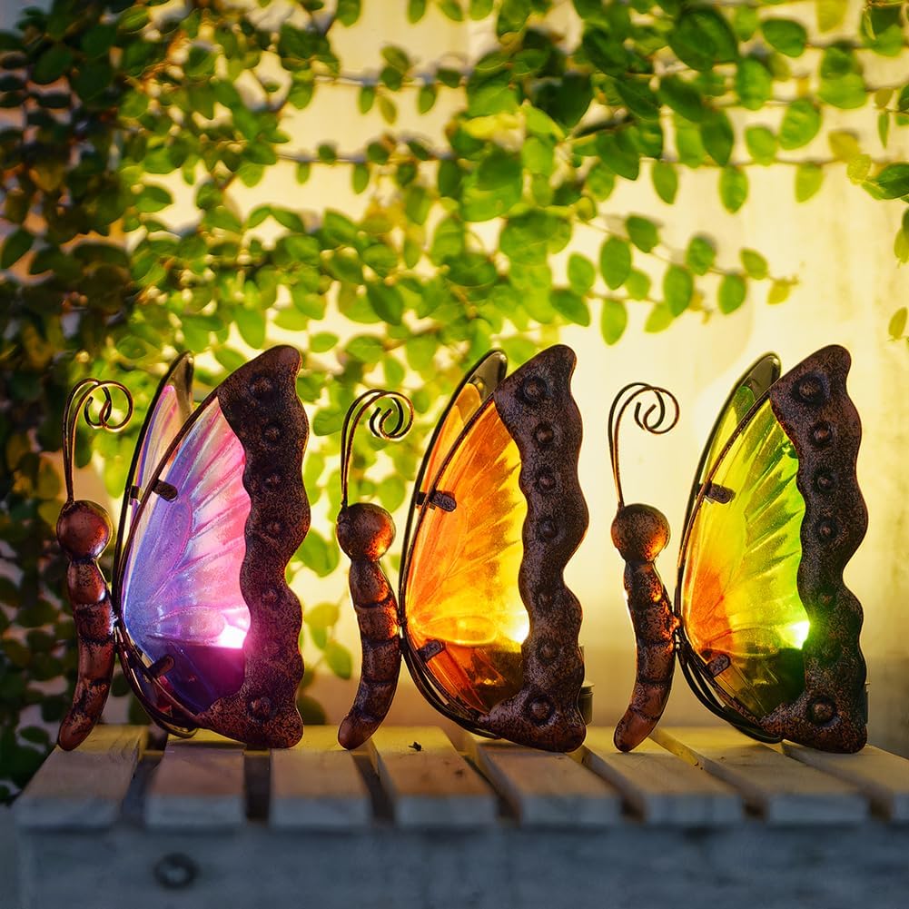 Solar Butterfly Garden Lights,3 Pcs Butterfly Statues Garden Decor for Outside,Hand Painted Glass LED Lights Decor for Home Yard Patio,Memorial Present for Mom Grandma Women