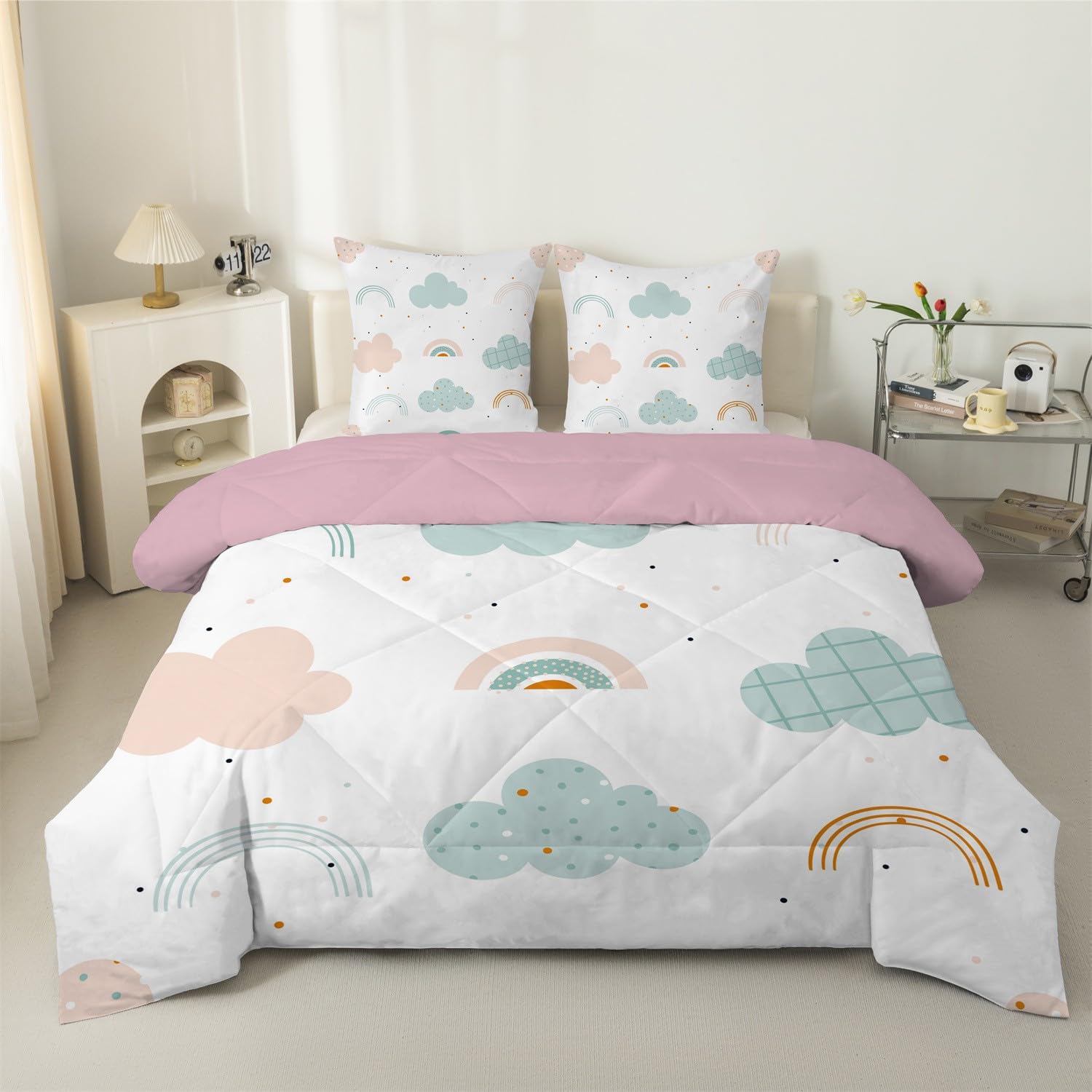 Couette 90x190 Enfant, Arc-en-Ciel Blanc Legere, Filles et garçons Tempérée 4 Saisons - Couette Imprimée 1 Personne, Edredon sans Houss et 2 Taies d'oreiller 65x65 cm S11