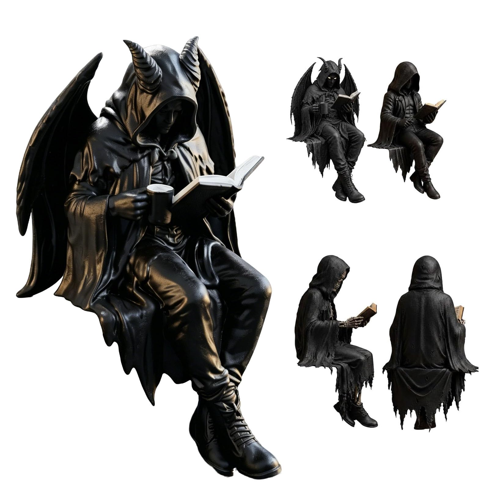 OEHUG Gothic Dark Fantasy Figure,Gothic Skeleton Hooded Reader Statue (B)
