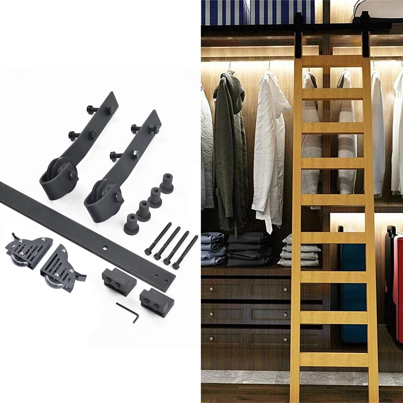 Kit quincaillerie échelle coulissante bibliothèque rail grange suspendu roulette noire rustique