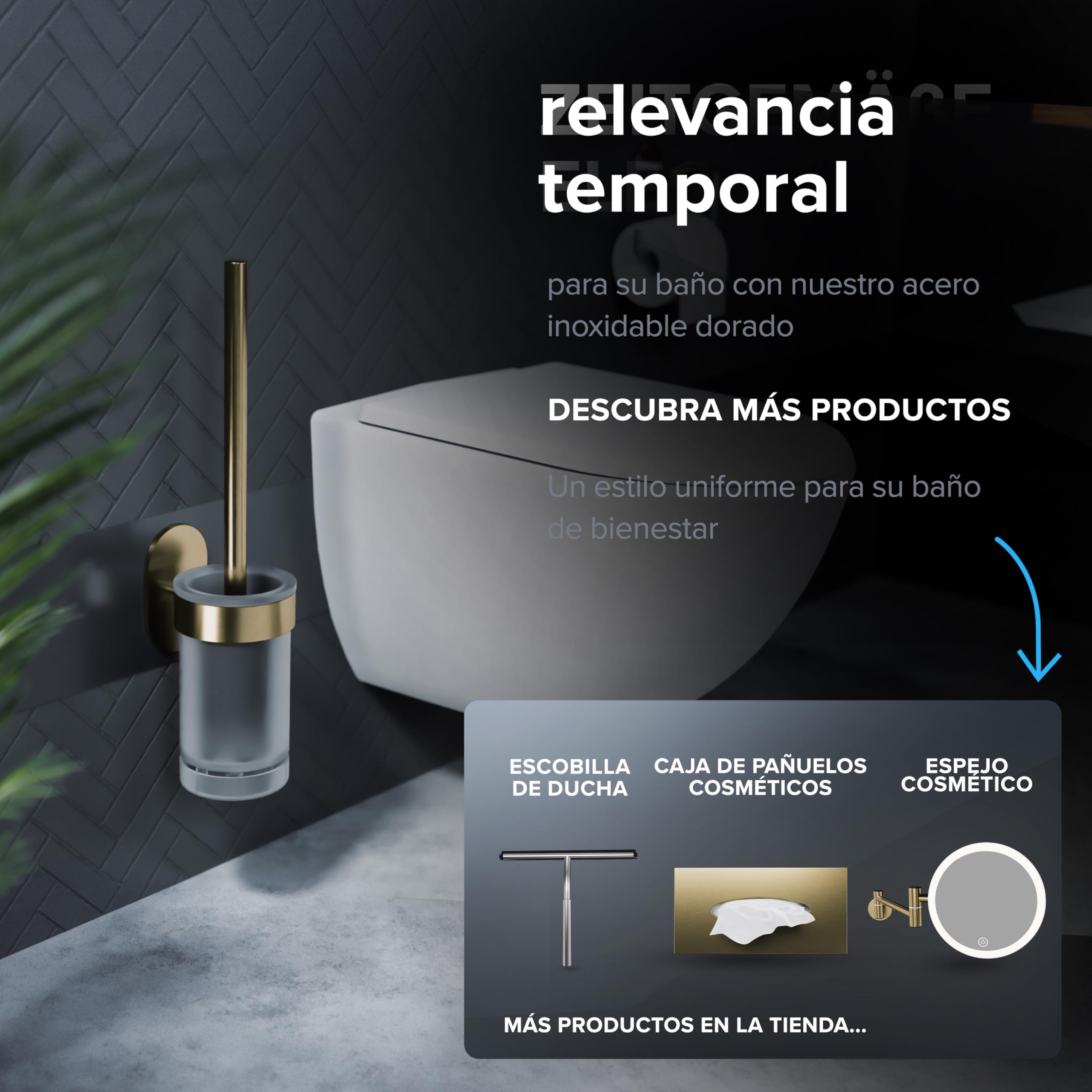 ovimar Escoba de WC Erviksanden | oro | soporte de pared sin perforaciones | escobilla de WC de silicona | escobilla de WC con función de ventilación | para pegar | en acero inoxidable | cabezal para