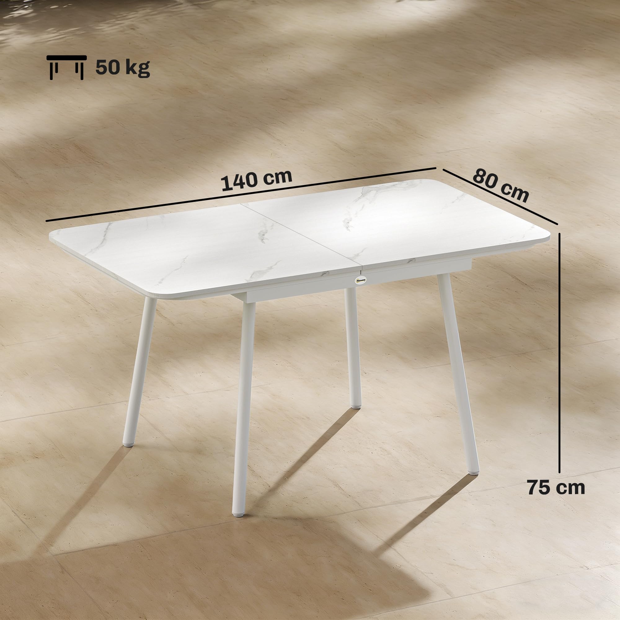 Outsunny Tavolo da Giardino per 6 Persone 140x80 cm Rettangolare Bianco | Tavolo da Pranzo Esterno, Piano in Composito Legno-Plastica Effetto Marmo, Struttura in Metallo, per Patio Terrazzo