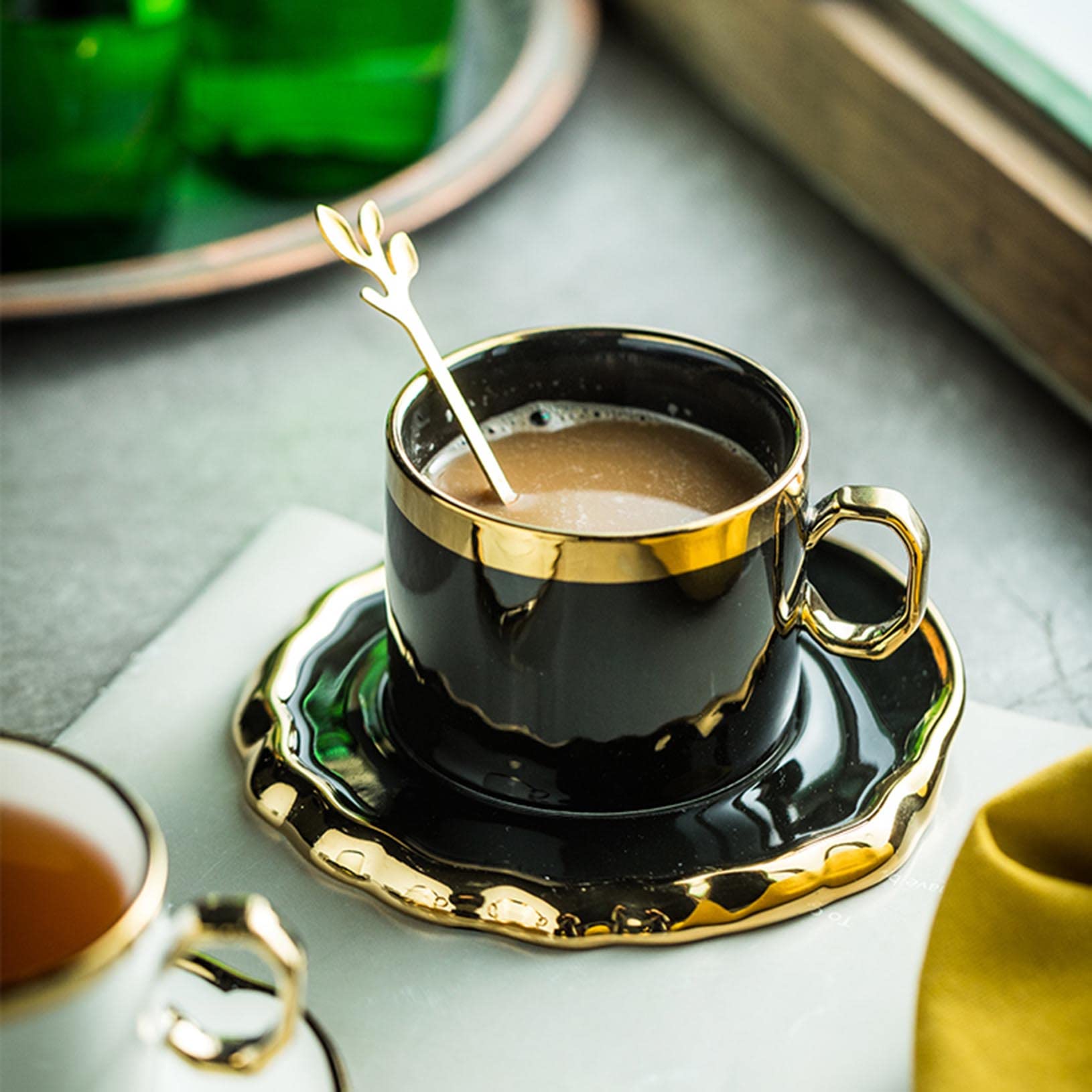 Amazon.com: MDHCOP Mugs,Coffee Mug,European Style Coffee Cup Set Black Gold  Vintage 6oz Ceramic Cup Coffee Mug with Spoon&Irregular Cups and Saucers  for Latte,Americano,Cappuccino,Tea,Beer black-180ml : Home & Kitchen
