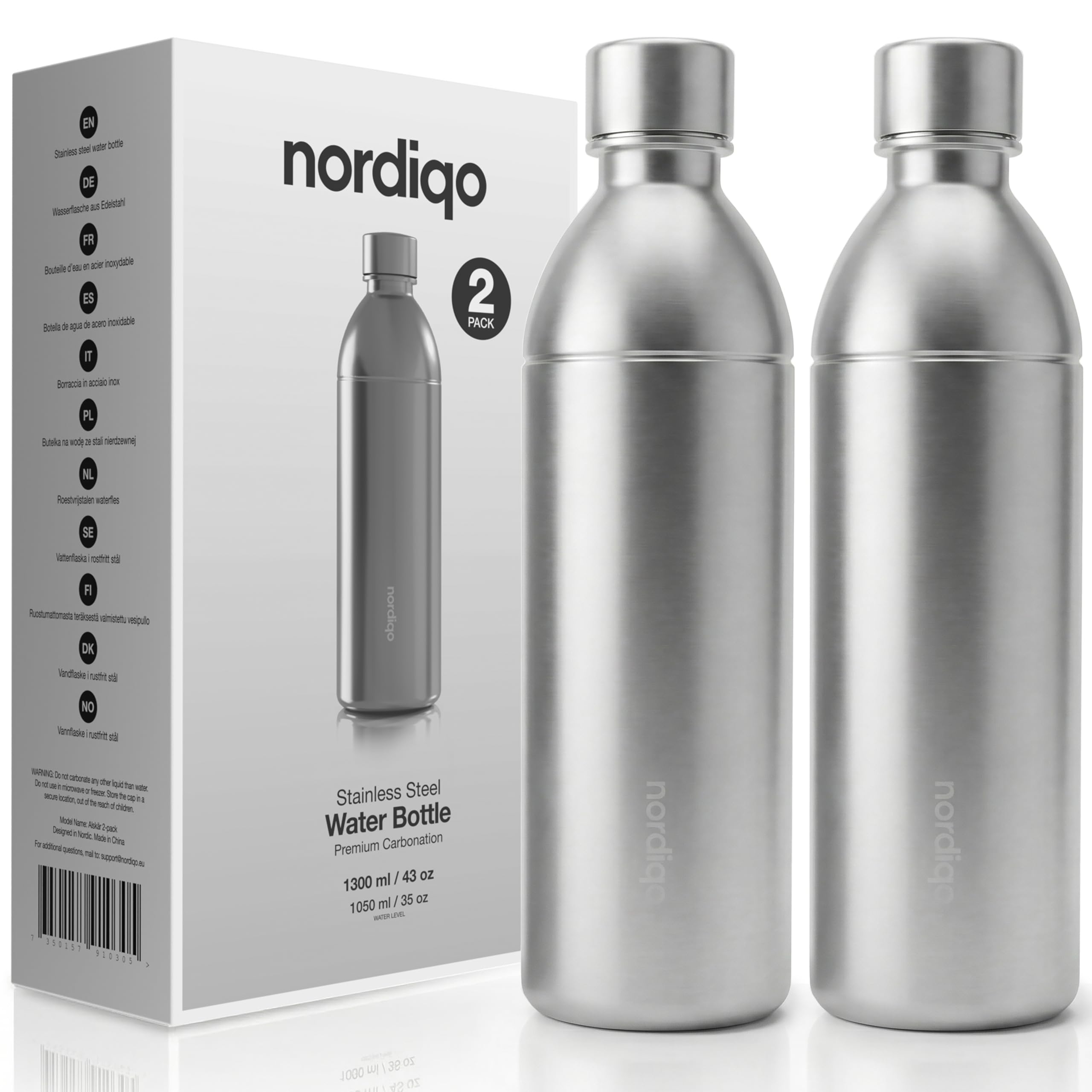 1300ml Bouteille en Acier Inoxydable pour Aarke Carbonator 3 & SMEG (Non Pro) - Étanche, Sans Plastique - Sans Date Limite, Lignes de Remplissage Intérieur & Extérieur - 2 x Acier