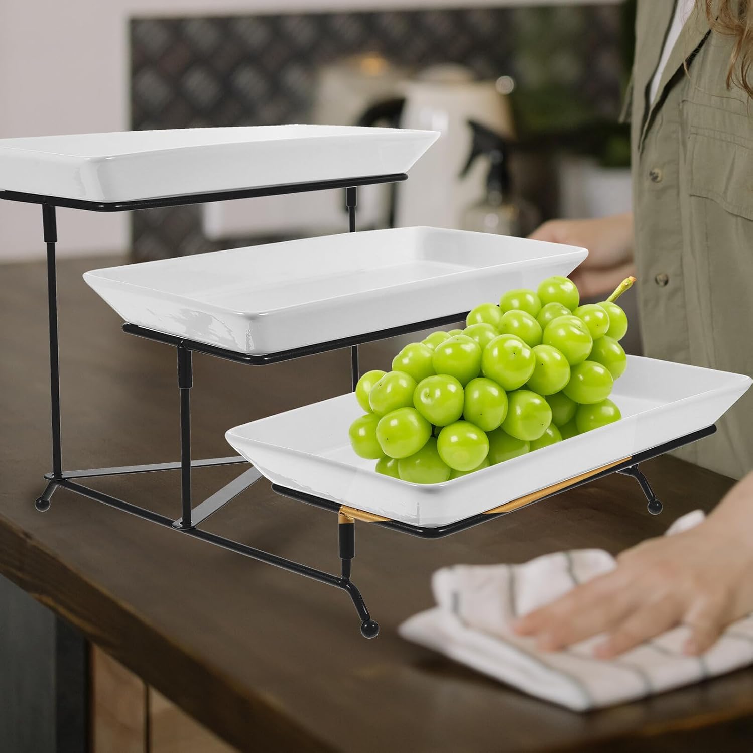 Milisten Ceramic Dessert Display Stand 3-Tier Serving Tray with Black Iron Frame Party Fruit Snack Holder for Buffet and Home Entertaining
