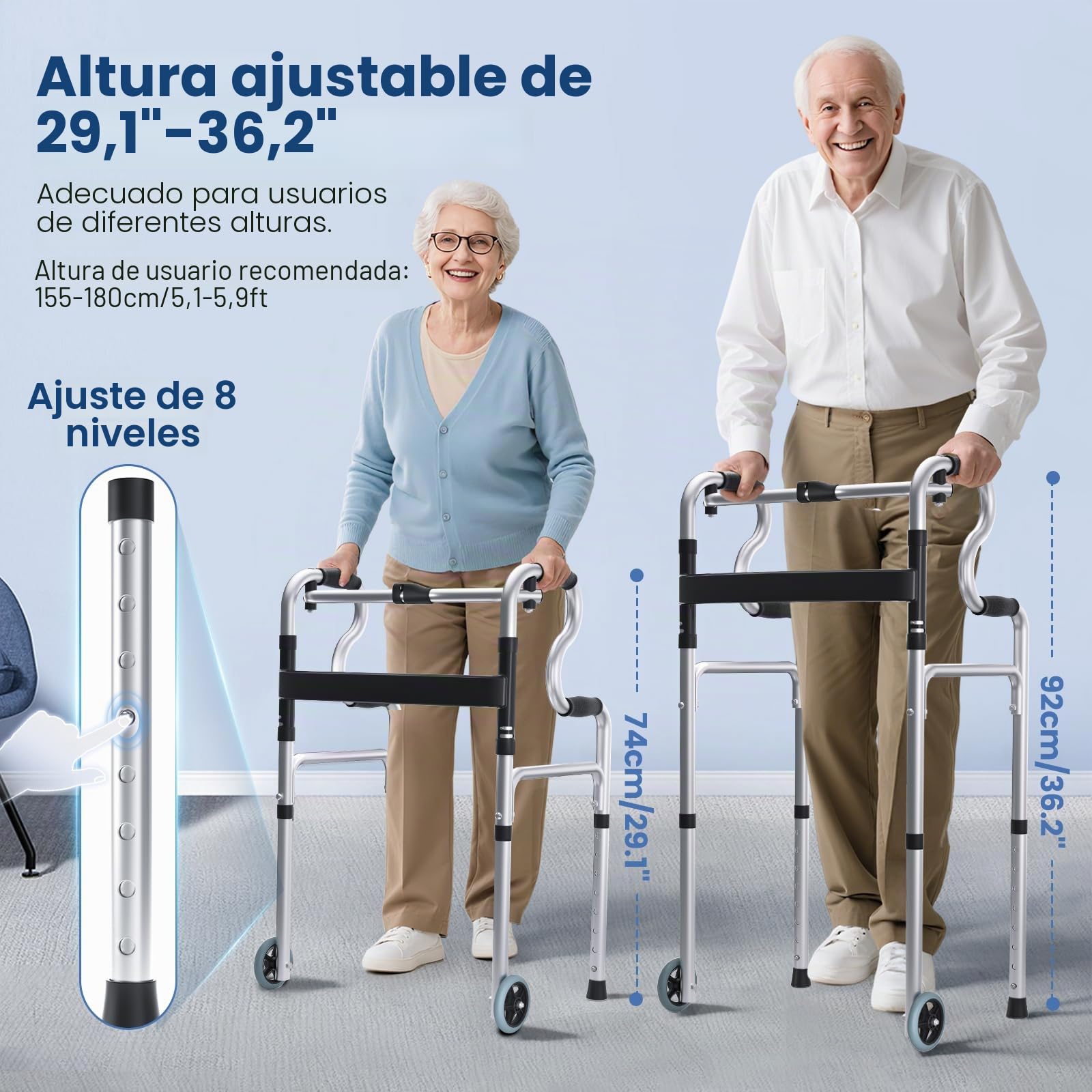 Hlieeosfcn Andador para Ancianos,Andador Plegable con 2 ruedas,Caminadores para Mayores altura ajustable, Peso Máximo 180kg,ideal para personas mayores y adultos