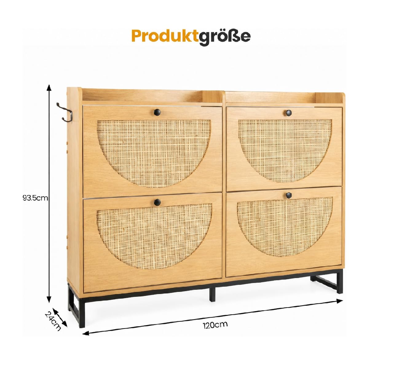 Trintion Rattan Schuhschrank Schmal mit 4 Klappen, Schuhkipper mit Verstellbaren Einlegeböden, Nur 23,8 cm Tief, Große Schuhaufbewahrung für 30–38 Paar Schuhe, Schuhschrank