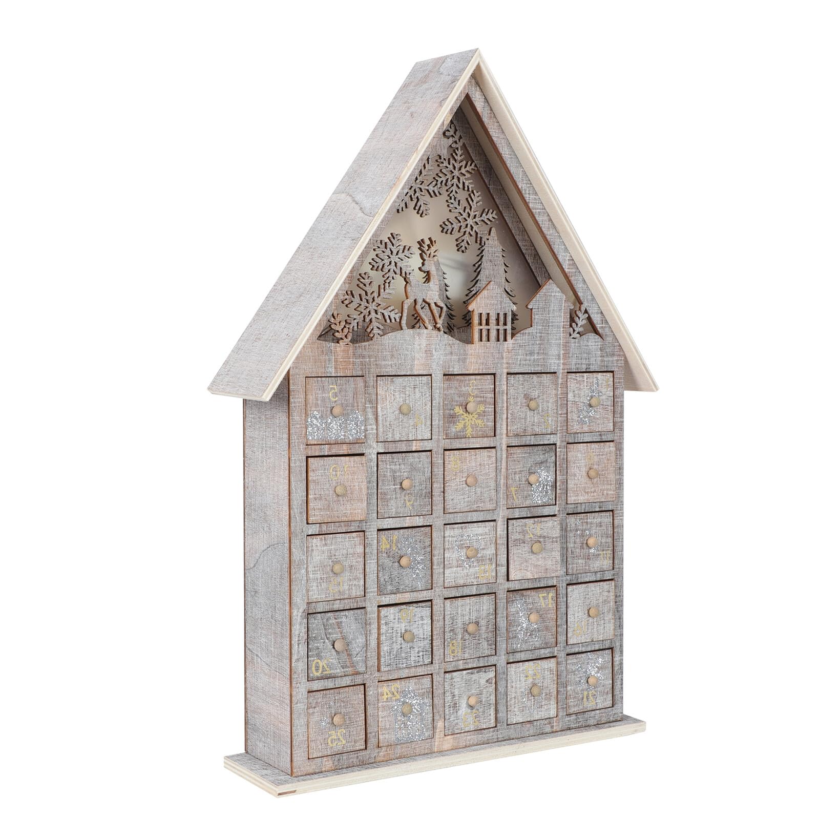 Holz Adventskalender mit Schubladen Leuchtendes Weihnachtsdeko Ornament für Kleiner Desktop Schmuck für Festliche Überraschungen