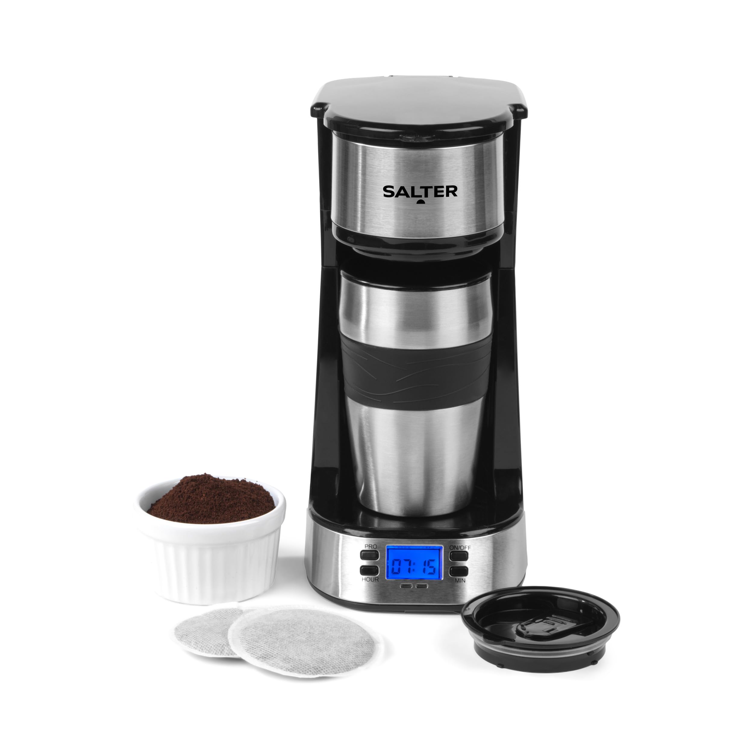 Salter Cafetera de Filtro Digital – Filtro Lavable y Reutilizable, Incluye Taza de Viaje de 420 ml de Acero Inoxidable, Prepara Café en 3-4 Minutos, Compatible con Café Molido o Pads