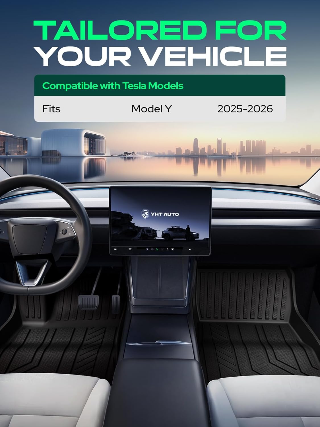 YHTAUTO Floor Mats Compatible with Tesla Model Y Juniper 2025 2026 5-Seat, TPE Floor Liners All Weather Custom Fit, 1st & 2nd Row, Set of 3, Black