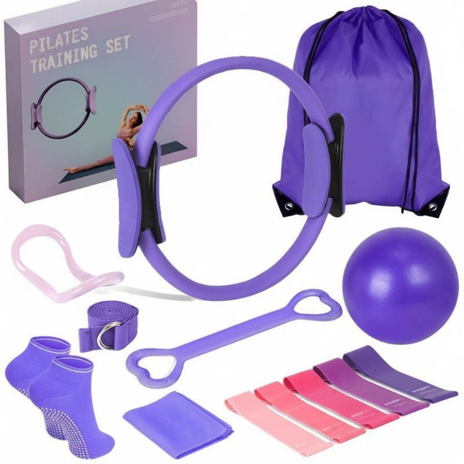 Meadawgs®13 Pieces 13 Piece Home Fitness Bundle Multi-Level Resistance Stretching and Fitness Equipment Bundle Travel-Friendly Pilates Loop Circle Set Purple Set 2|Sporting Goods-picture-23