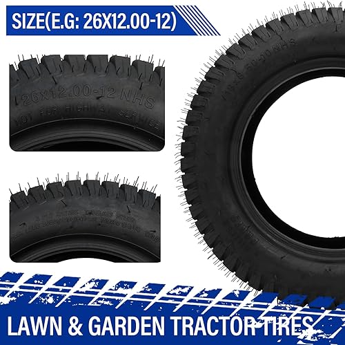 Miniatura 4 de MOTORHOT 2 neumáticos para césped de jardín de 26 x 12.00-12 pulgadas, 26 x 12 x 12 pulgadas, para tractor, carrito de golf, neumáticos sin cámara