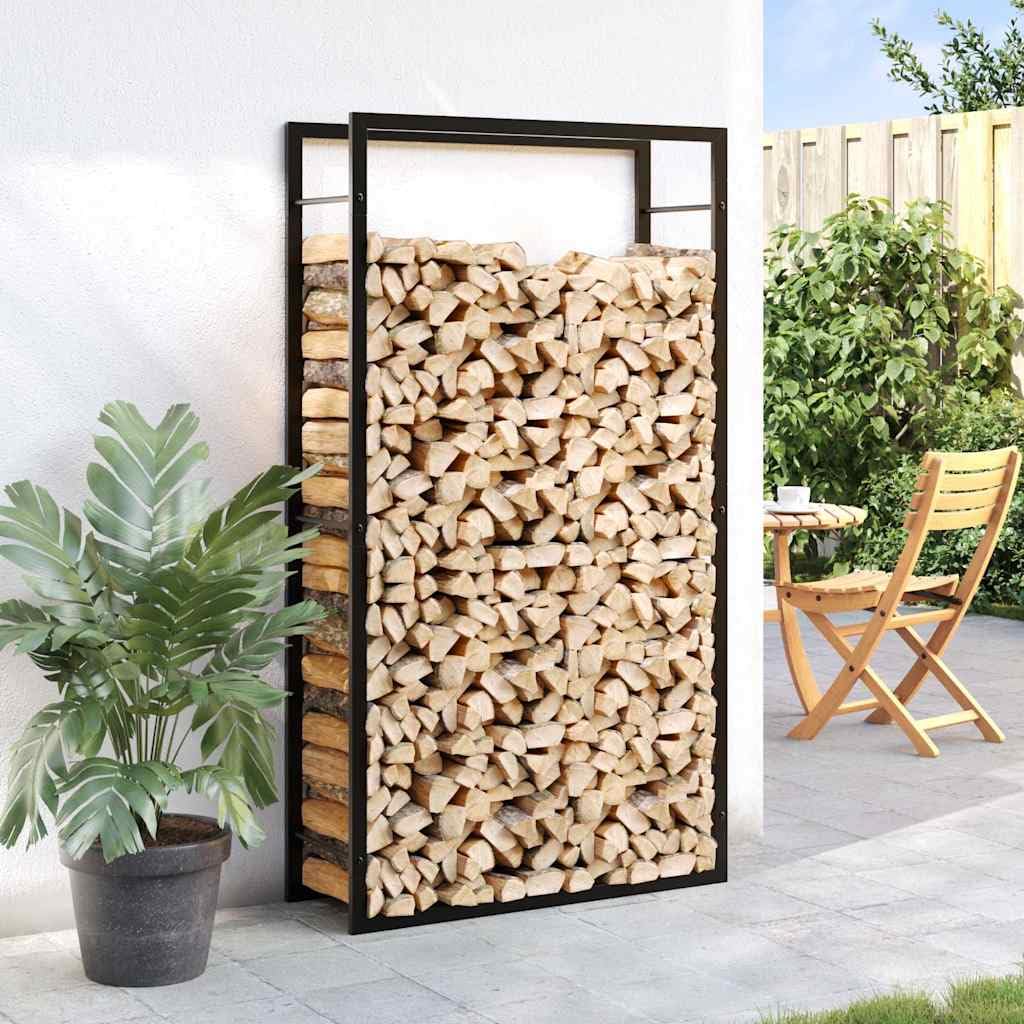 Étagère à bûches de chauffage en acier noir mat - 80 x 28 x 154 cm - Robuste - Avec fixation murale pour le stockage du bois sec - Support à bûches - Panier à bois idéal pour le salon