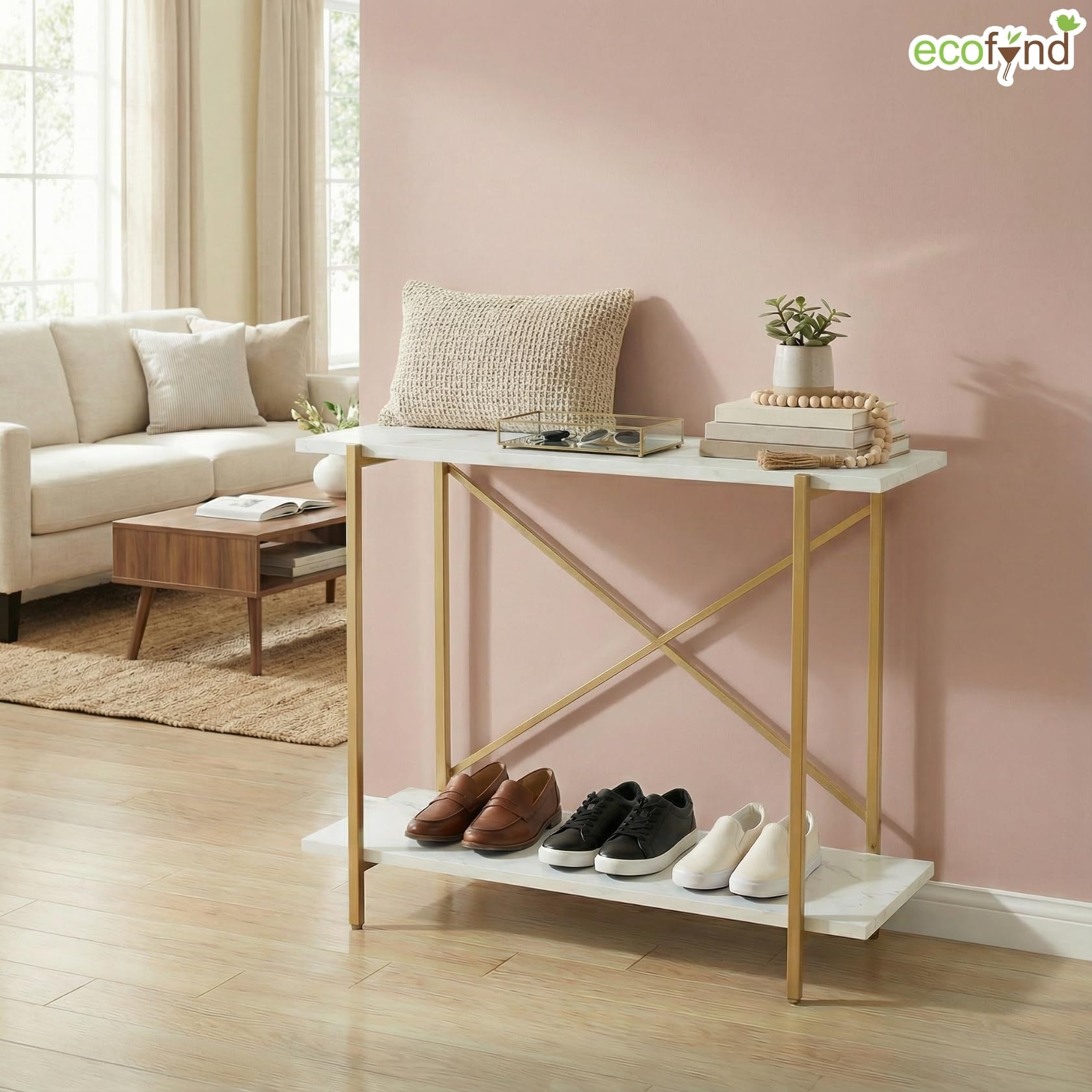 ecofynd Elix 2-Tier Storage Bench for Entryway, Stable Shoe Organizer Living Room, Entry Footwear Rack Holds Up to 70 Kg, Strong, Non-Slip Feet, X-Cross Brace at Back, 47"X 9"X 28" White & Gold 4