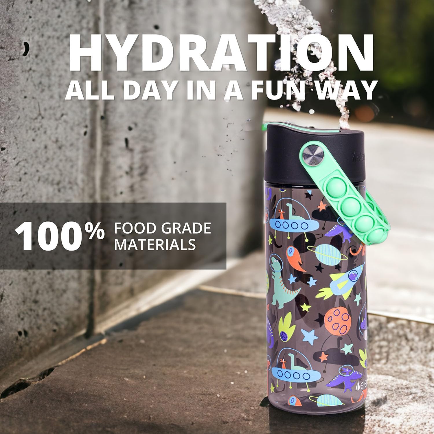 Elemental Water Bottles for Kids - Splash Kids Water Bottle for School with Pop-it Handle - BPA Free Tritan Plastic Water Bottle with Straw Leak Proof when Spout is Closed - Space Dinosaur - 18oz - Image 6