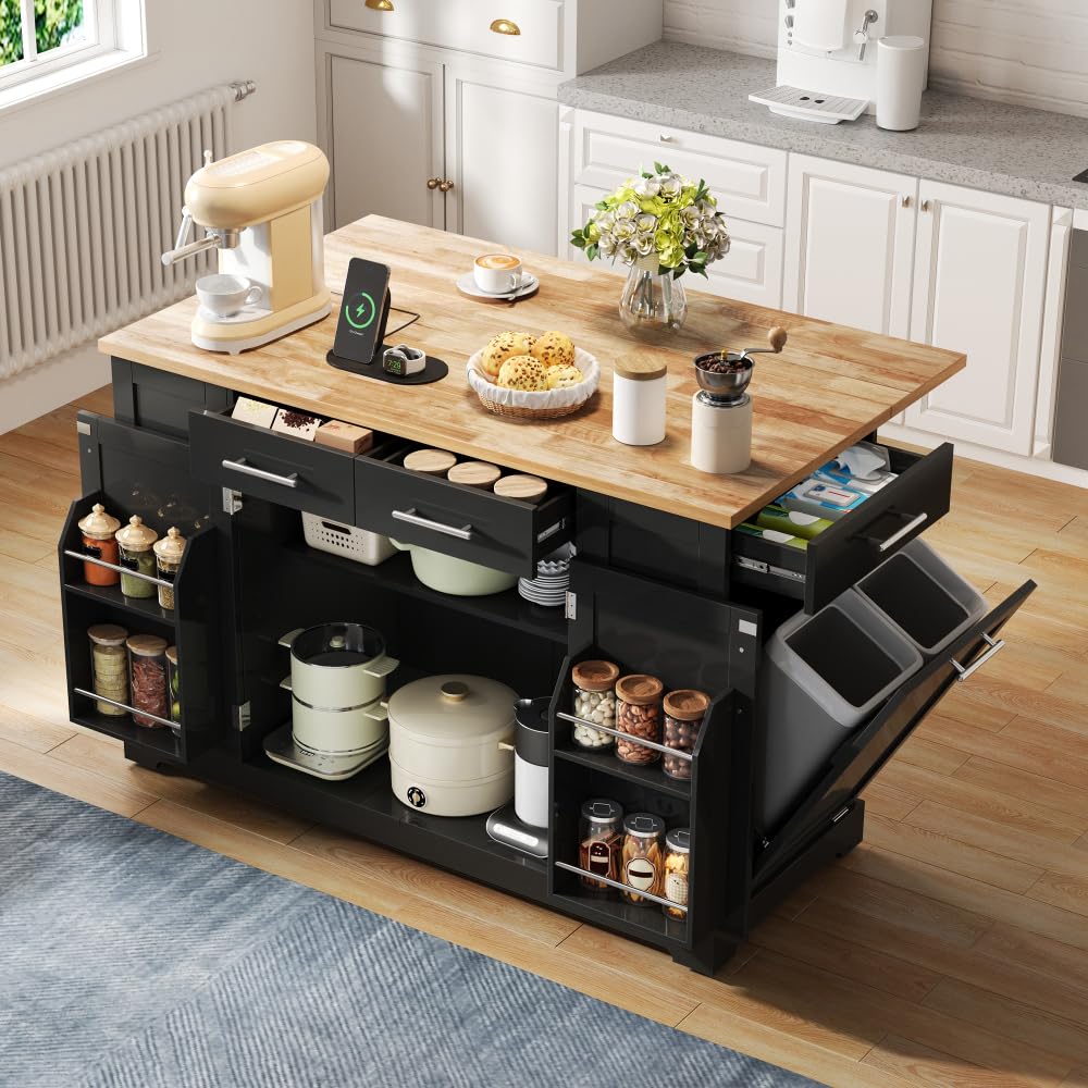 Carro de cocina 138 x 56 – 86 x 92 cm, isla de cocina sobre ruedas con superficie de trabajo plegable, bajo ruido y enchufe europeo, carro de comedor con estantes ajustables y compartimento de