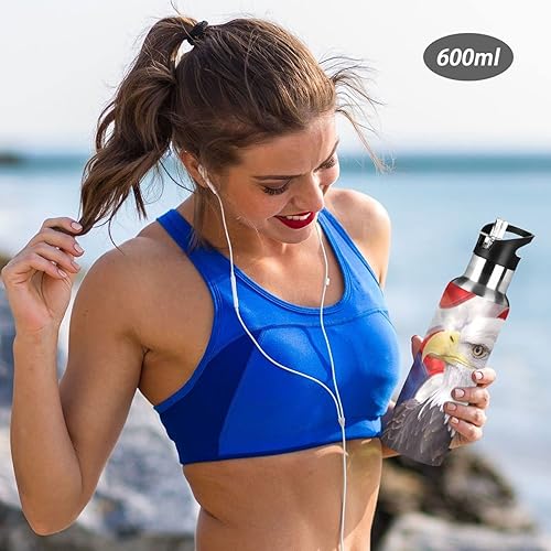Miniatura 2 de Botella de agua con la bandera estadounidense para niños, botella de águila calva con tapa con pajilla, termo de agua aislado de acero inoxidable, a