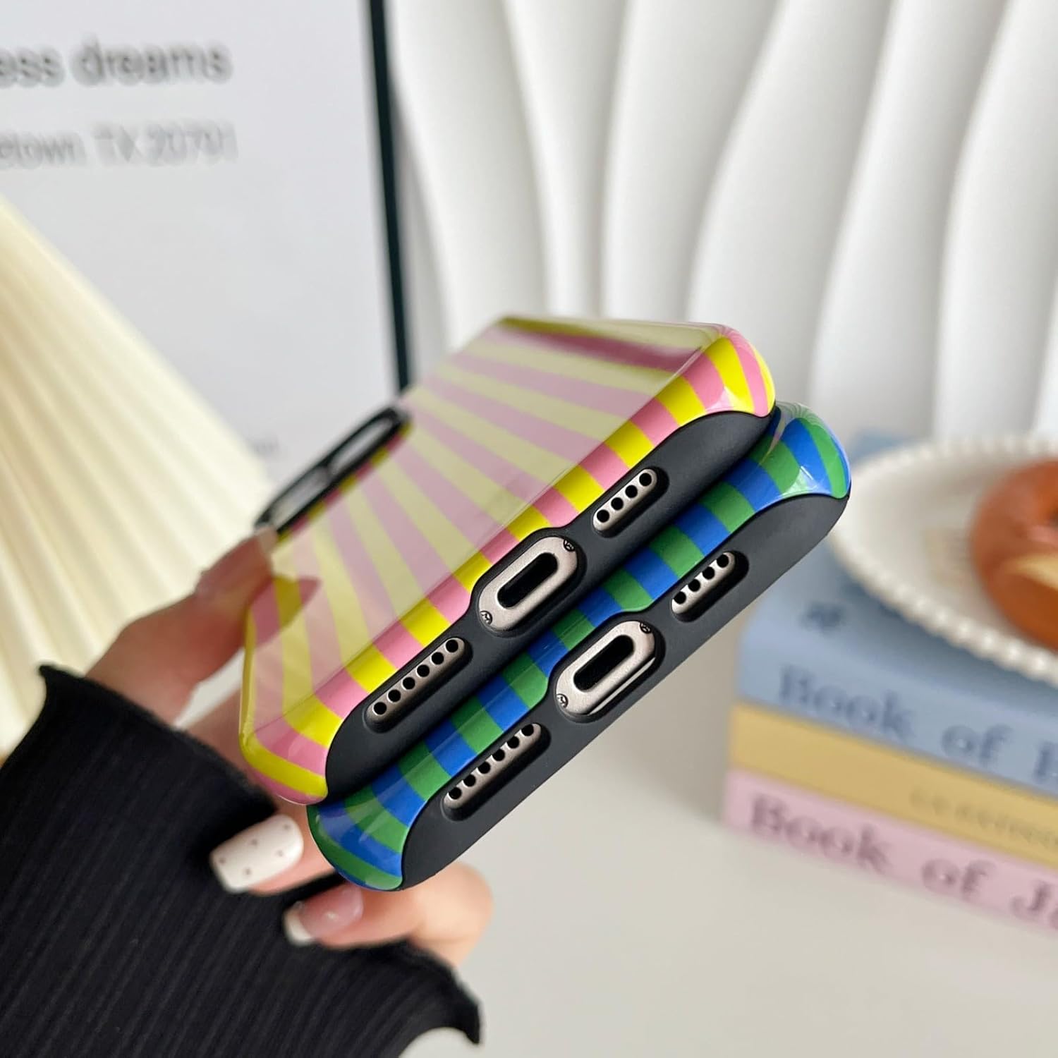 Compatible with iPhone 16 Pro Max Case Cute Aesthetic Striped Phone Case for Women Girl Shockproof Slim TPU and Hard PC Protective Cover (Green and Blue) - Image 6