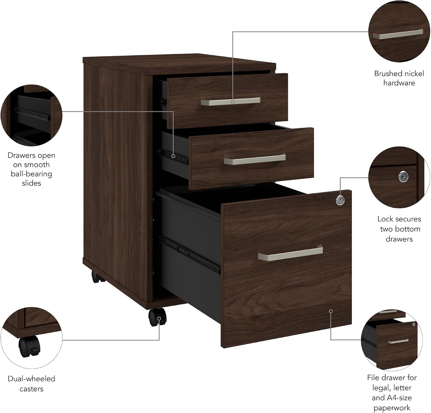 Bush Business Furniture 3 Drawer File Cabinet, Mobile Storage for Office Organization, Commercial-Grade, Vista Collection, Modern, Dark Brown