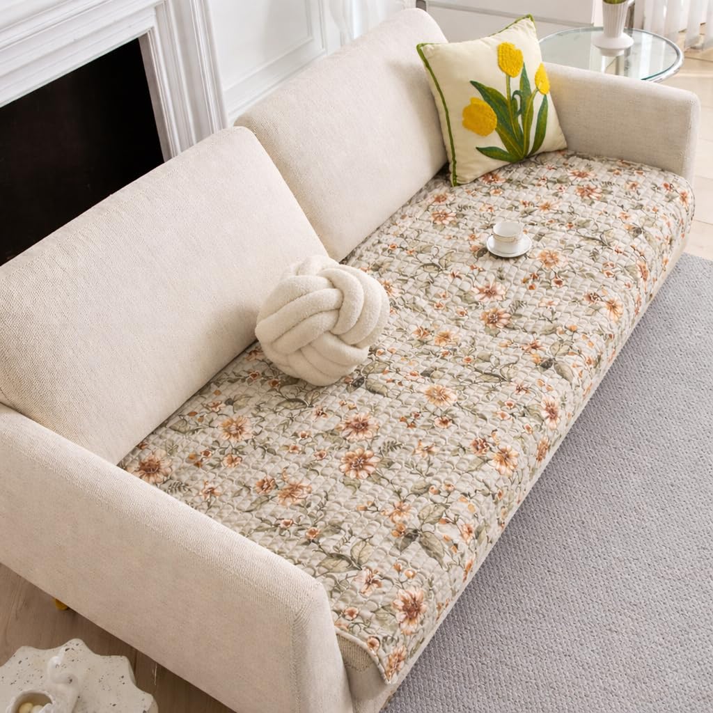 HOMETHREADS Anti-Skid Sofa Protector Mat: Premium Printed Cotton Slipcover with Strong PVC Non-Slip Backing, (White_Green, 2 Seater | 140x75cm)-image-42