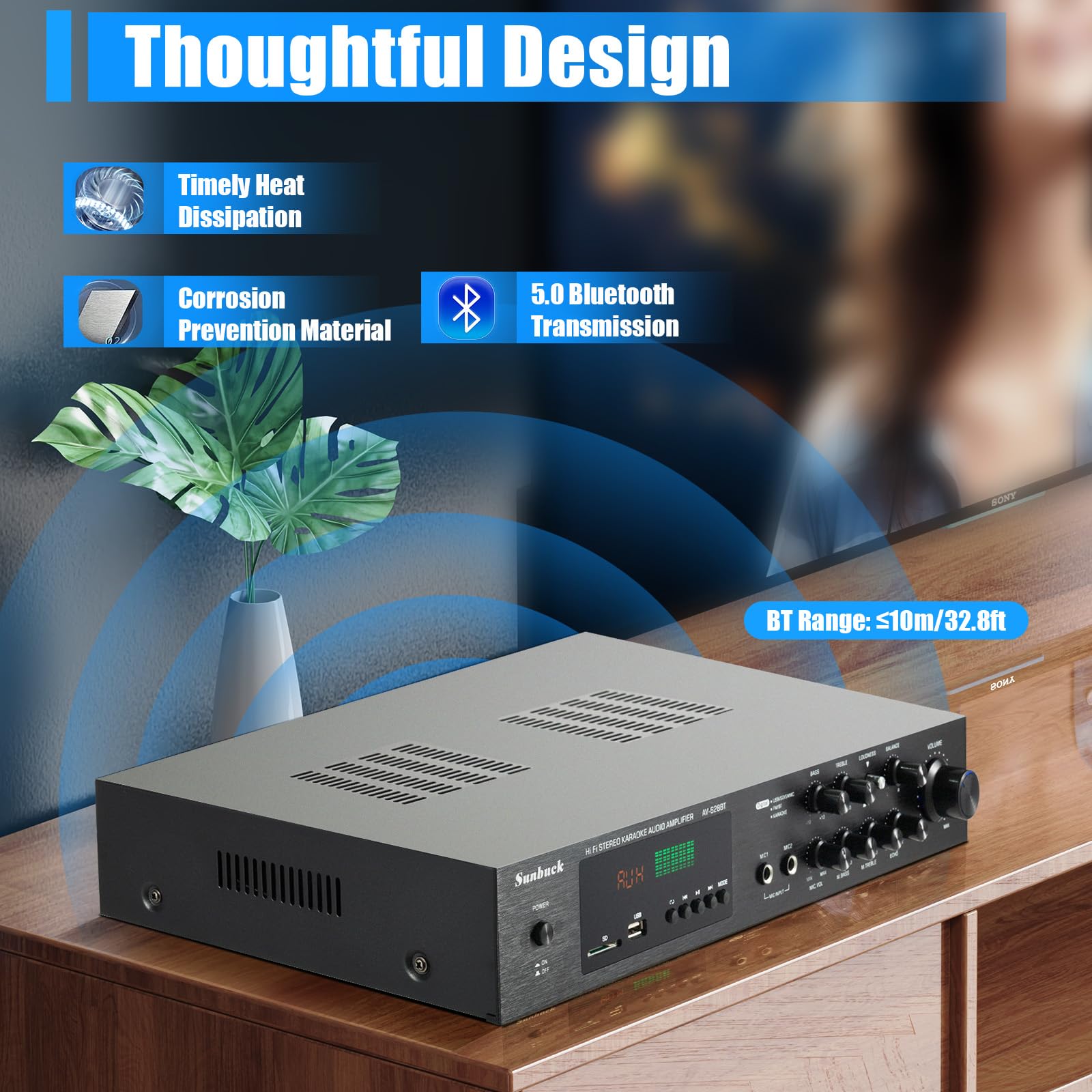 Audio Leistungsverstärker, 600W Stereo Receiver mit Fernsteuerung, SD, USB, RCA, AUX, 5.0 Bluetooth, 5.1-Kanal, 2 Mikrofon Anschlüsse, für Heimkino, Karaoke-Partys