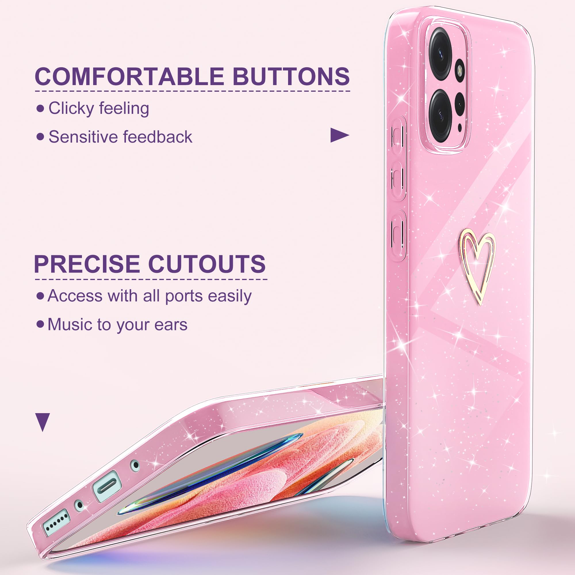 Cover Glitter Per Xiaomi Redmi Note 12 4G - Custodia TPU Morbida Con Cuore E Protezione Fotocamera, Rosa