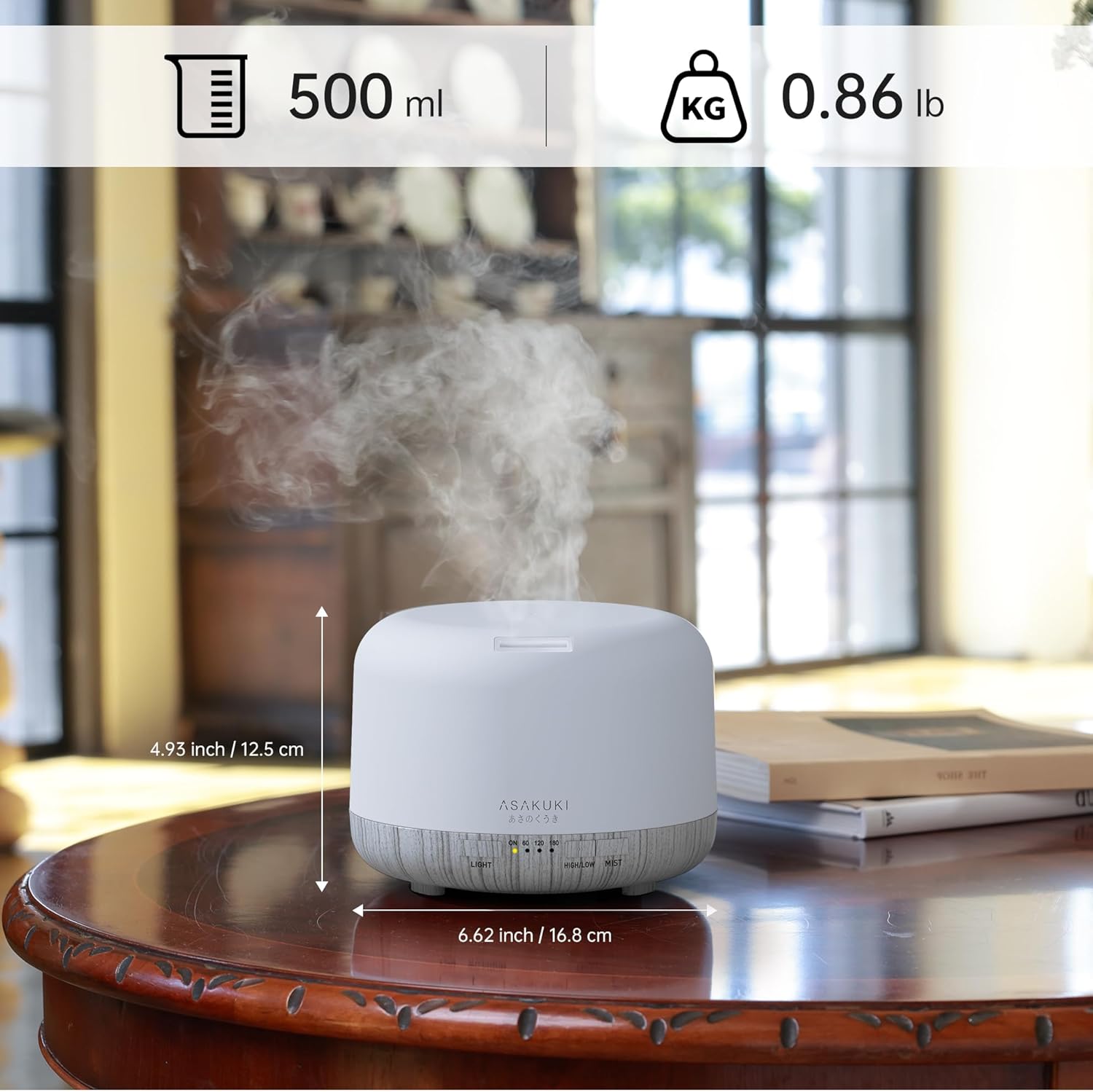 ASAKUKI Essential Oil Diffuser 500ml, Ultrasonic Aromatherapy Humidifier with Remote Control, 7 LED Colors, Timer & Auto-Off, Large Room Diffuser (White) - Image 7