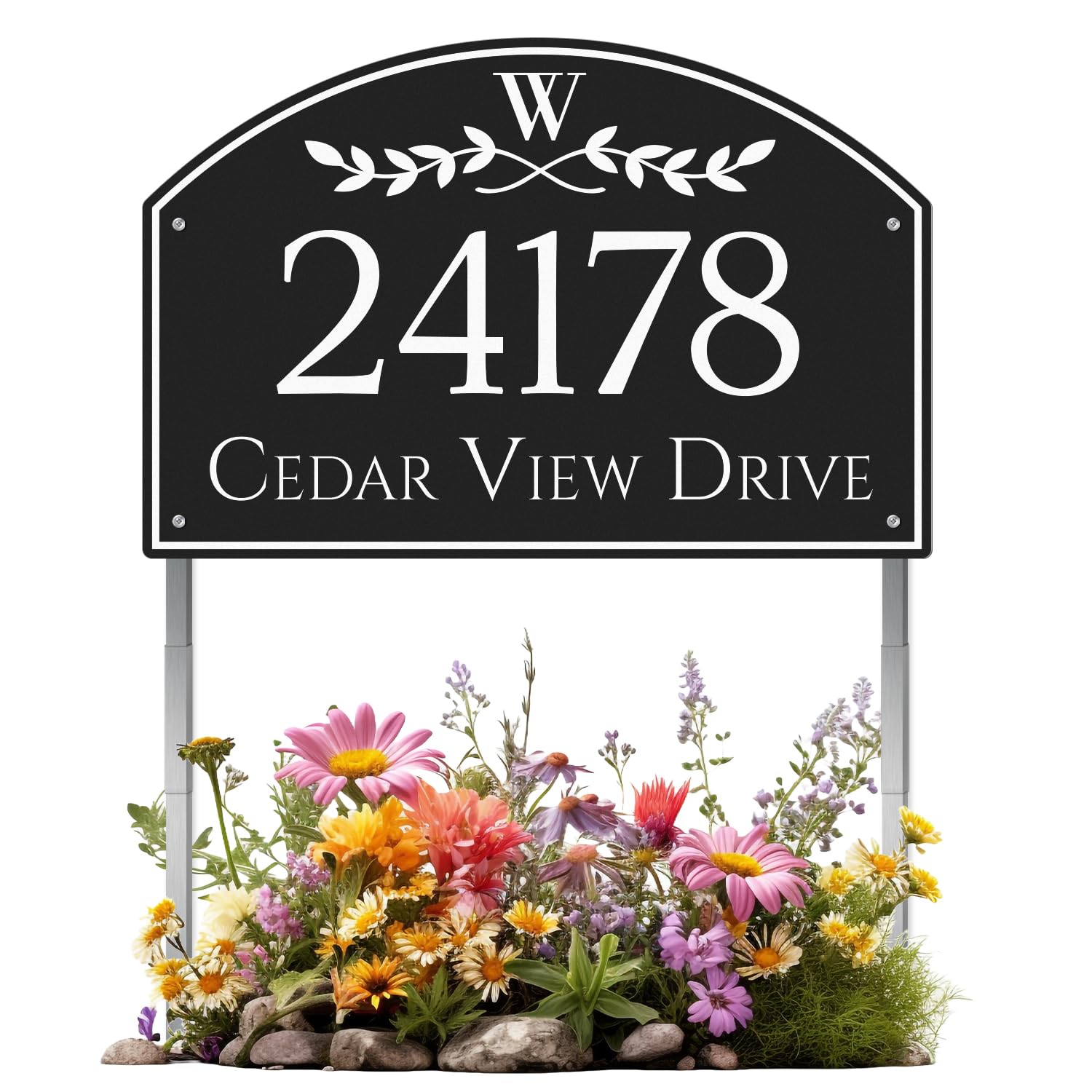 House Address Sign Arch Metal Address Plaque for Outside Custom Street Name Address Sign House Number, with 20 inch Lawn Stake, Reflective Option,