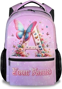 Personalized Backpack for Girls, Butterfly Backpacks for Women Teens, 17 Inch Cute Customized Kids Bookbag, Custom Initial Name Bookbags for Elementary Middle School