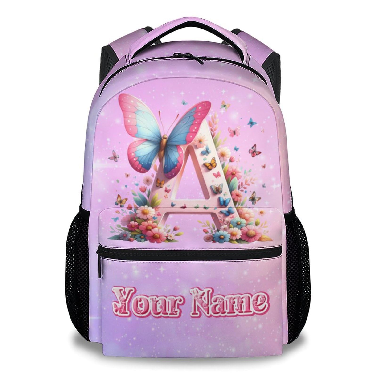 Personalized Backpack for Girls, Butterfly Backpacks for Women Teens, 17 Inch Cute Customized Kids Bookbag, Custom Initial Name Bookbags for