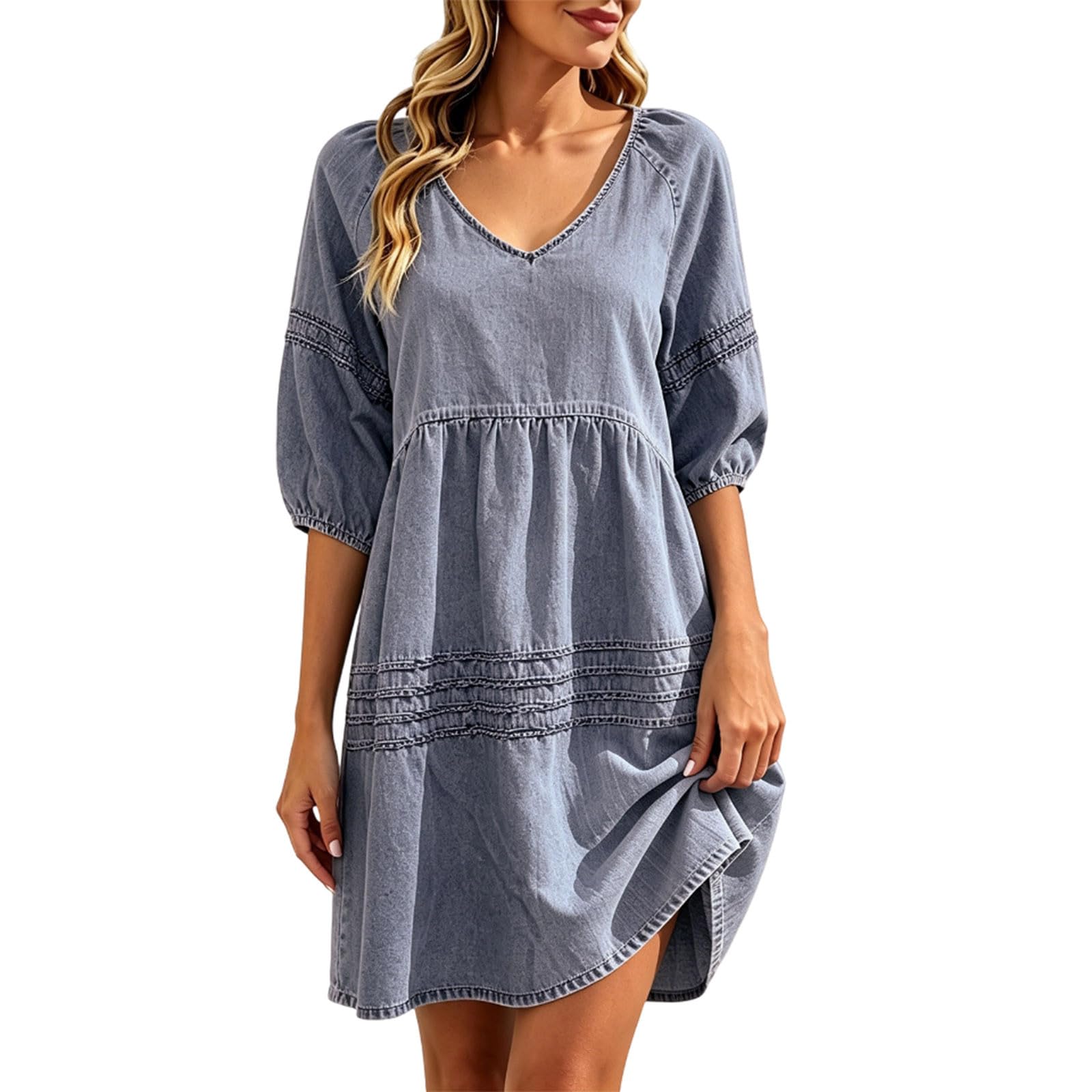 Vestido Vaquero Informal de Corte Alto con cinturón y Mangas abullonadas para Uso Diario.