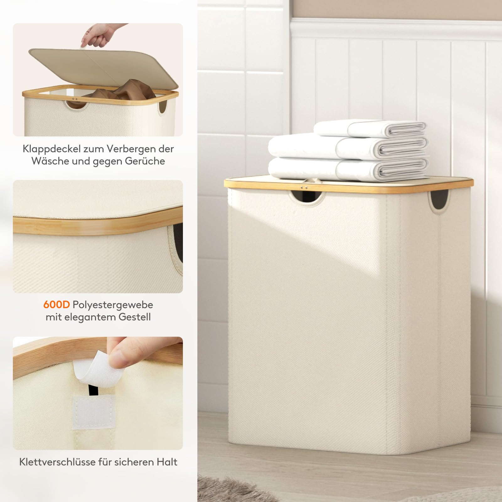 Lifewit 140L Wäschekorb mit Deckel, Große Wäschesammler 2 Fächer, Wäschesäcke, Wäschesortierer, Wäsche Sortieren, Wäschebehälter, für Wäsche, Schlafzimmer, Bad, Beige