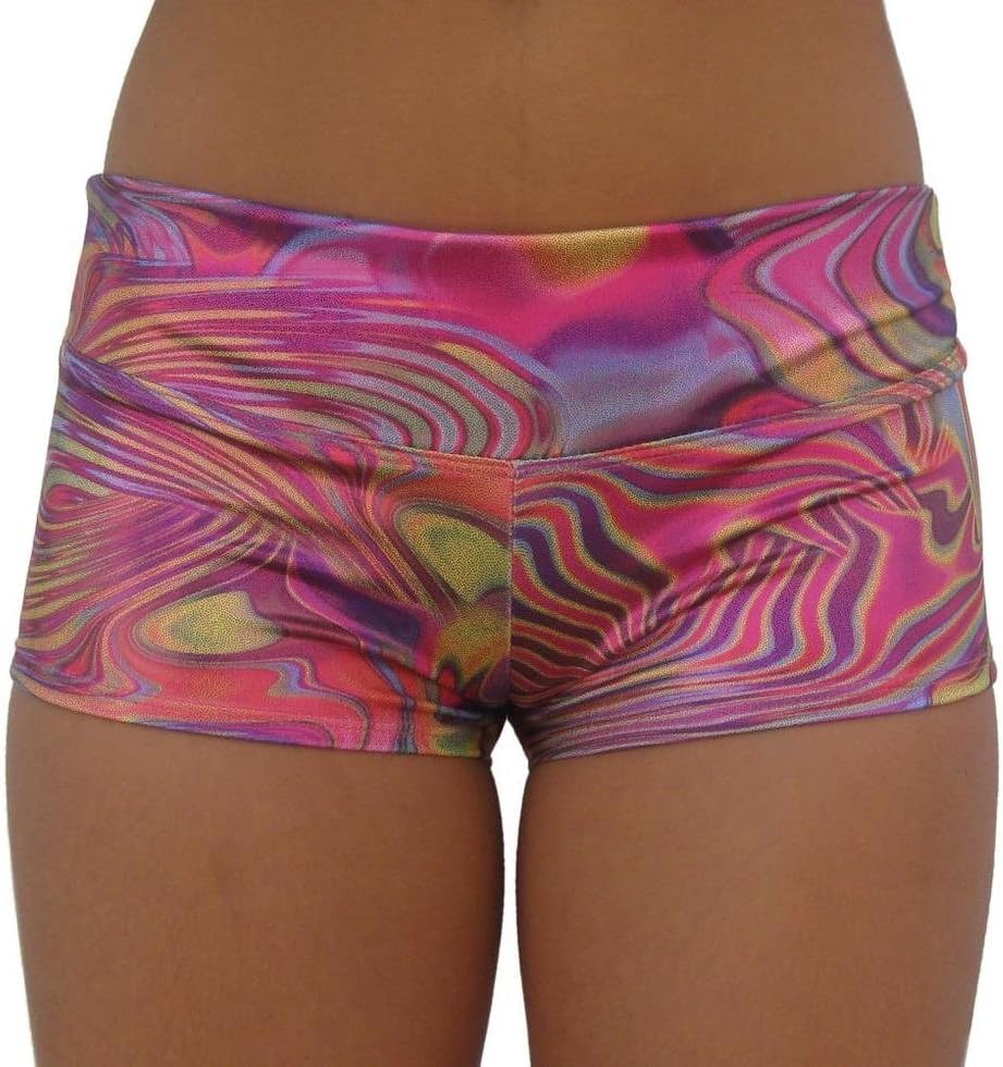 Delicate Illusions Sexy Metallic Foil Stretch Scrunch Butt Gym Yoga Pole Fitness Workout Booty Shorts for Women