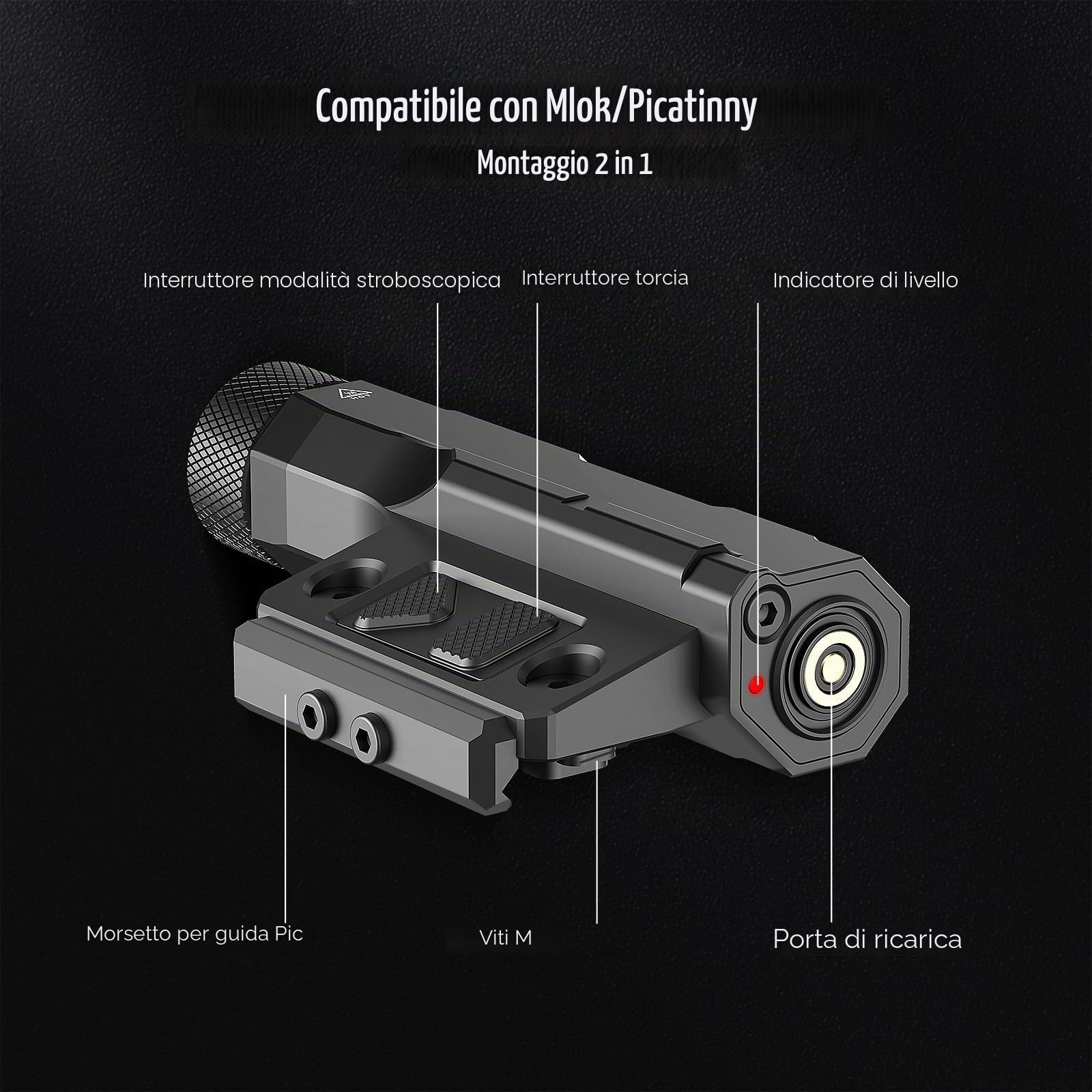 DEFENTAC 2400lm Alluminio Picatinny/Mlok Torcia Elettrica con Interruttore Pad Pressione per Fucile, Luce Arma Ricaricabile con Indicatore di Livello Batteria e Strobo/Momentaneo