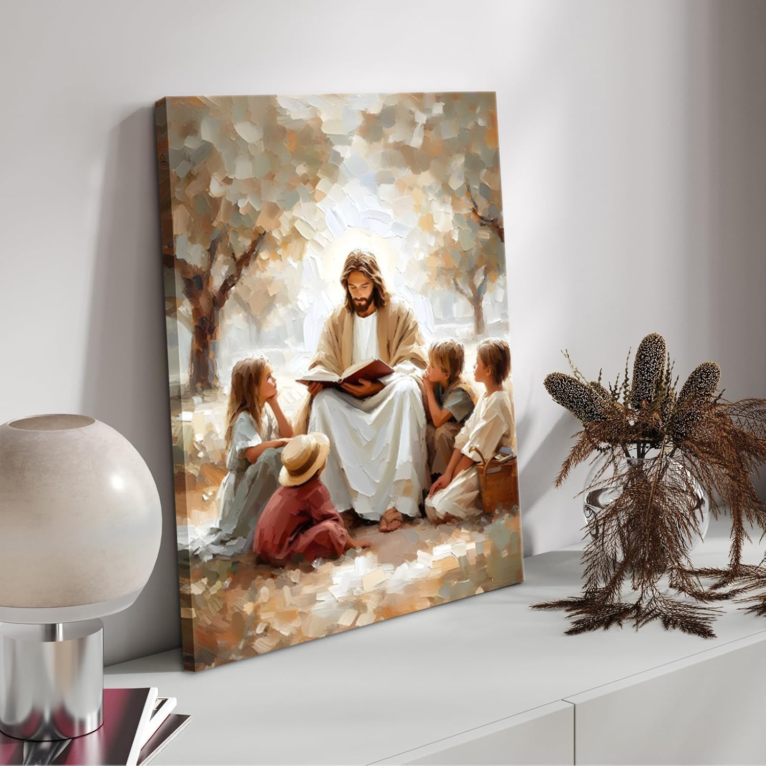 Jesus With Children Canvas Wall Art Jesus Teaching Children picture Wall Decor Religious Faith Poster print Artwork for Christian Kids Room Living Room Bedroom Home Decor 24x36in Wrapped Canvas