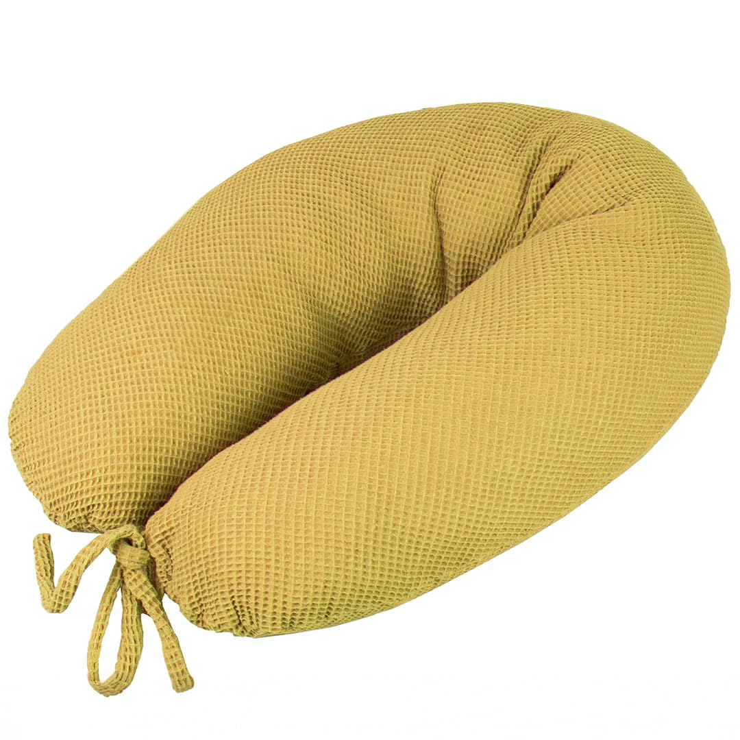 Stillkissen XXL Seitenschläferkissen 190 cm Schwangerschaftskissen Waffelpiqué 100% Baumwolle Set Kissen inkl. Bezug (Senf)