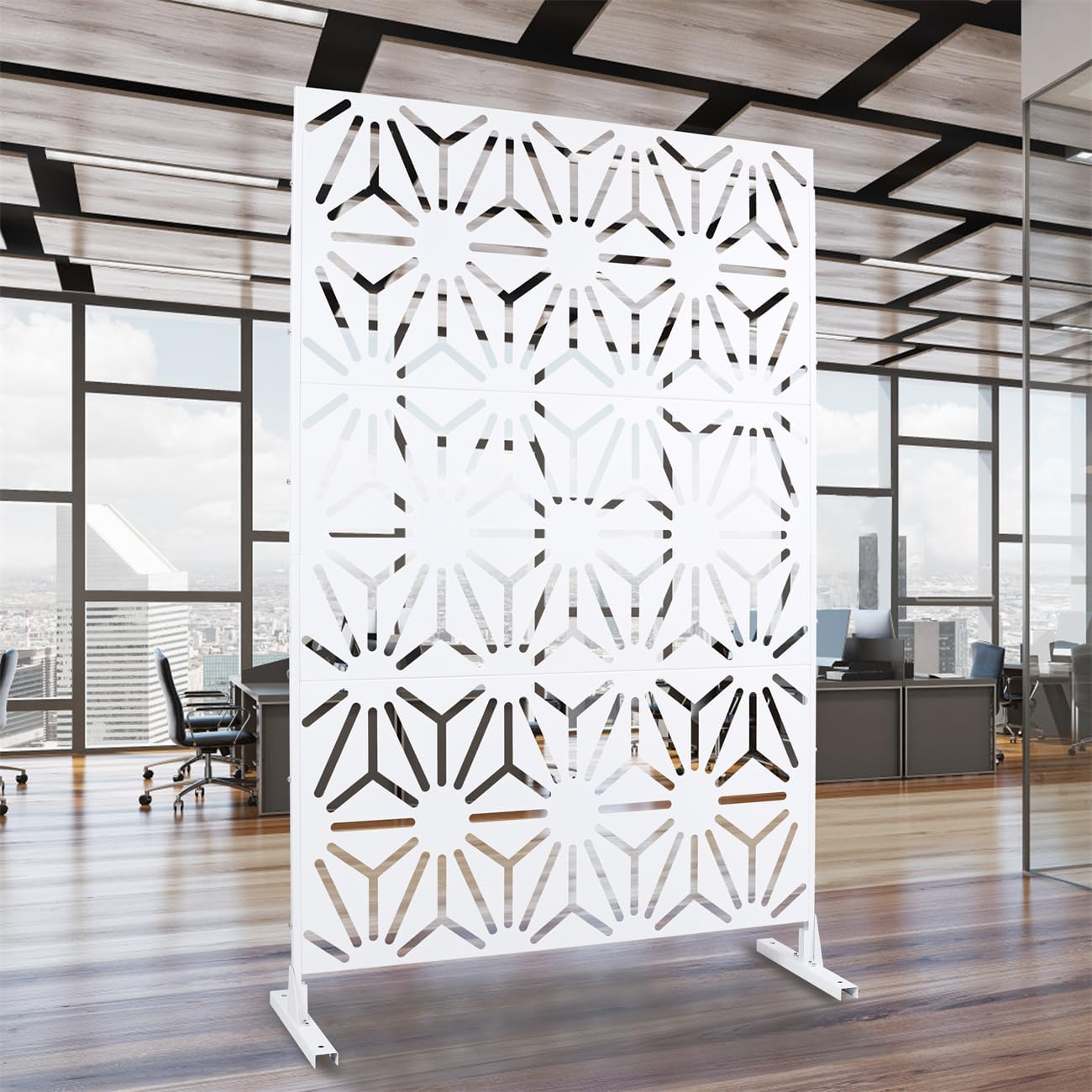 76" H×48" W Metal Privacy Screen, Freestanding Decorative Privacy Screen for Deck Balcony Patio, Privacy Fence Panels for Outside Lawn Garden (White)