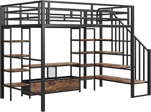 Miniatura 15 de LZ LEISURE ZONE Cama alta individual con escritorio, marco de cama alta de metal, cama tipo loft tamaño individual con escalera y barandillas de