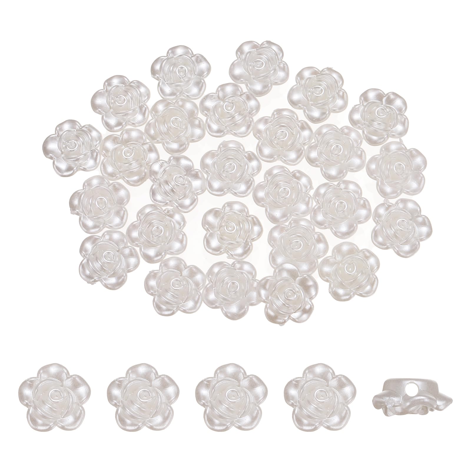 sourcing map 100Pcs Rose Flower Buttons, Pearl Flower Button ABS Flat Back Sewing Buttons for Bracelet Clothes Hair Clip Phone Charm Wedding Decor DIY Crafts(12mm, White)