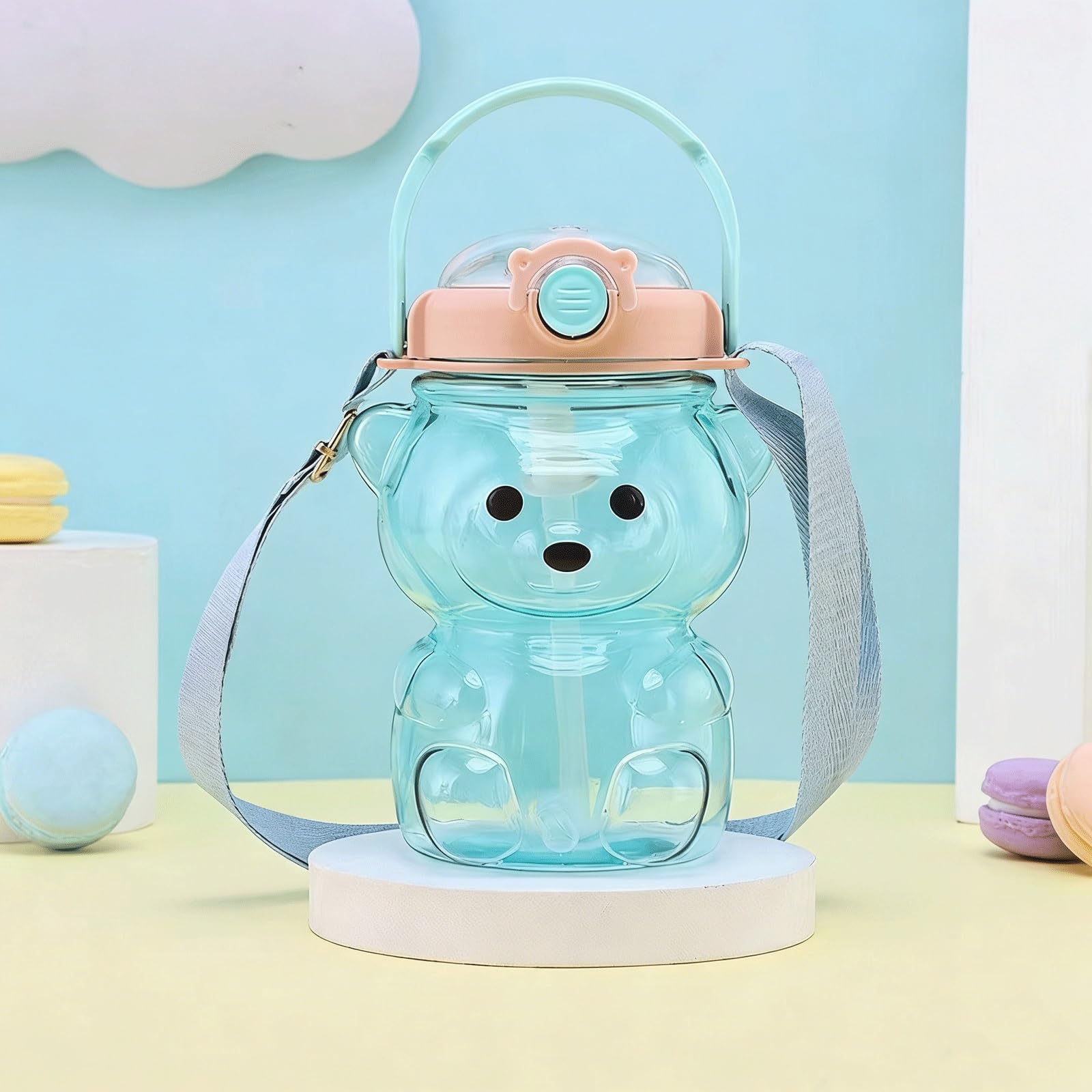 LLiuvcc Cute Bear Water Bottle 1000ml/34oz, BPA Free Leakproof Straw Bottle With Adjustable Shoulder Strap For School Travel Sports(Color2)
