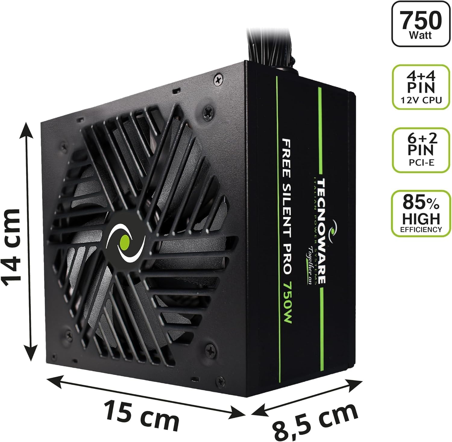 Tecnoware Free Silent Pro 750 Power Supply for Advanced PC with NVIDIA GeForce GTX Graphics Card - RTX, Silent Fan, PCI-E Connectors, CPU 4+4, SATA, Molex