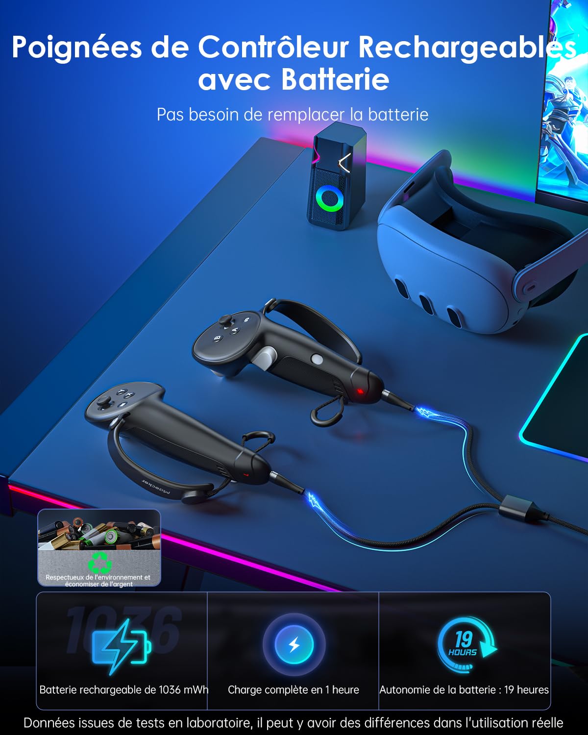 Poignées de Contrôleur de Charge pour Quest 3S pour Quest 3 Sangles de Contrôleur avec Batterie Rechargeable pour Quest 3S/3 Accessoires