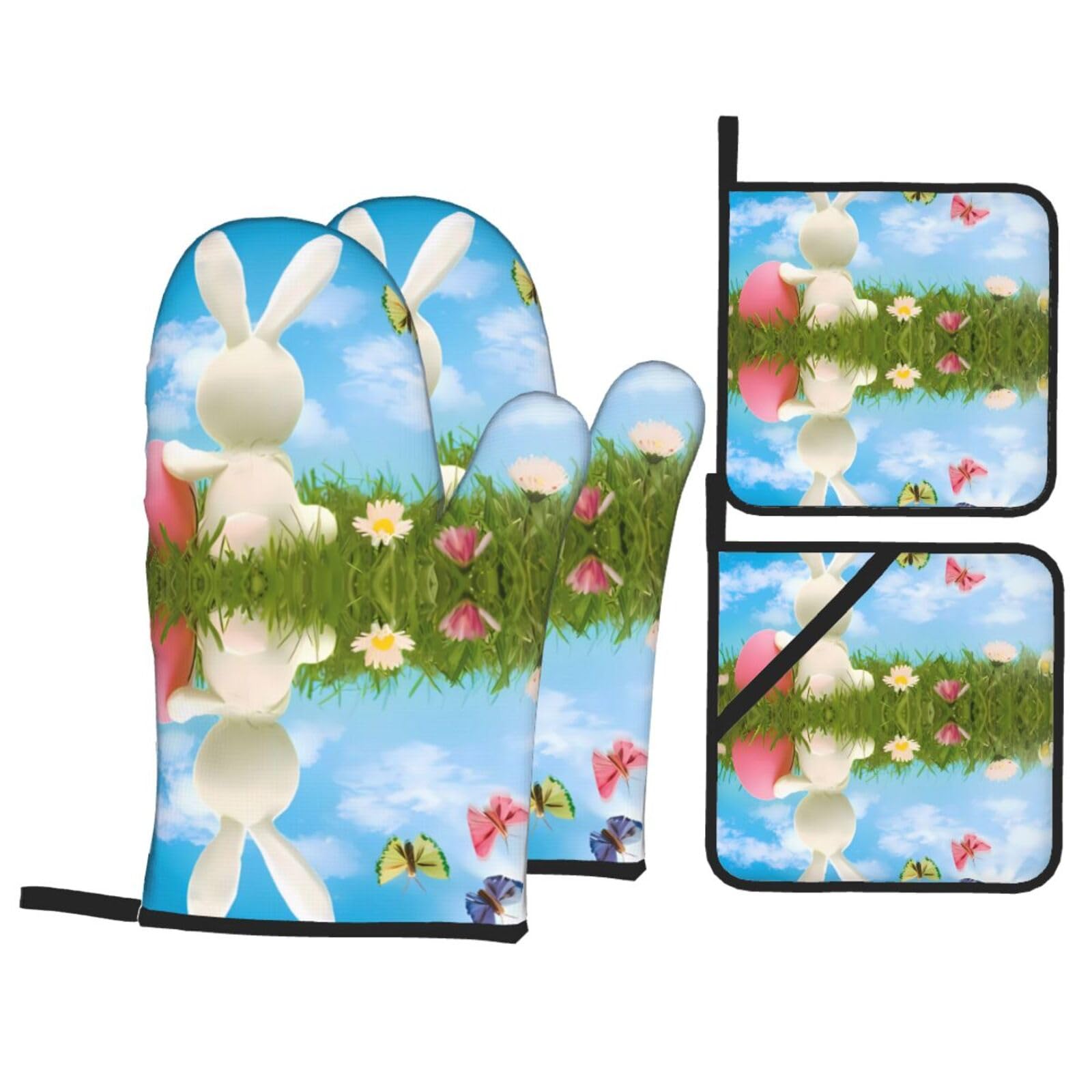 WHJSHOP Easter Bunny with Eggs and Spring Butterfly Prints Kitchen Layers: Waterproof Oven Covers for Safe Handling & Easy Cleanup – 4 Piece Heat Protection Bundle