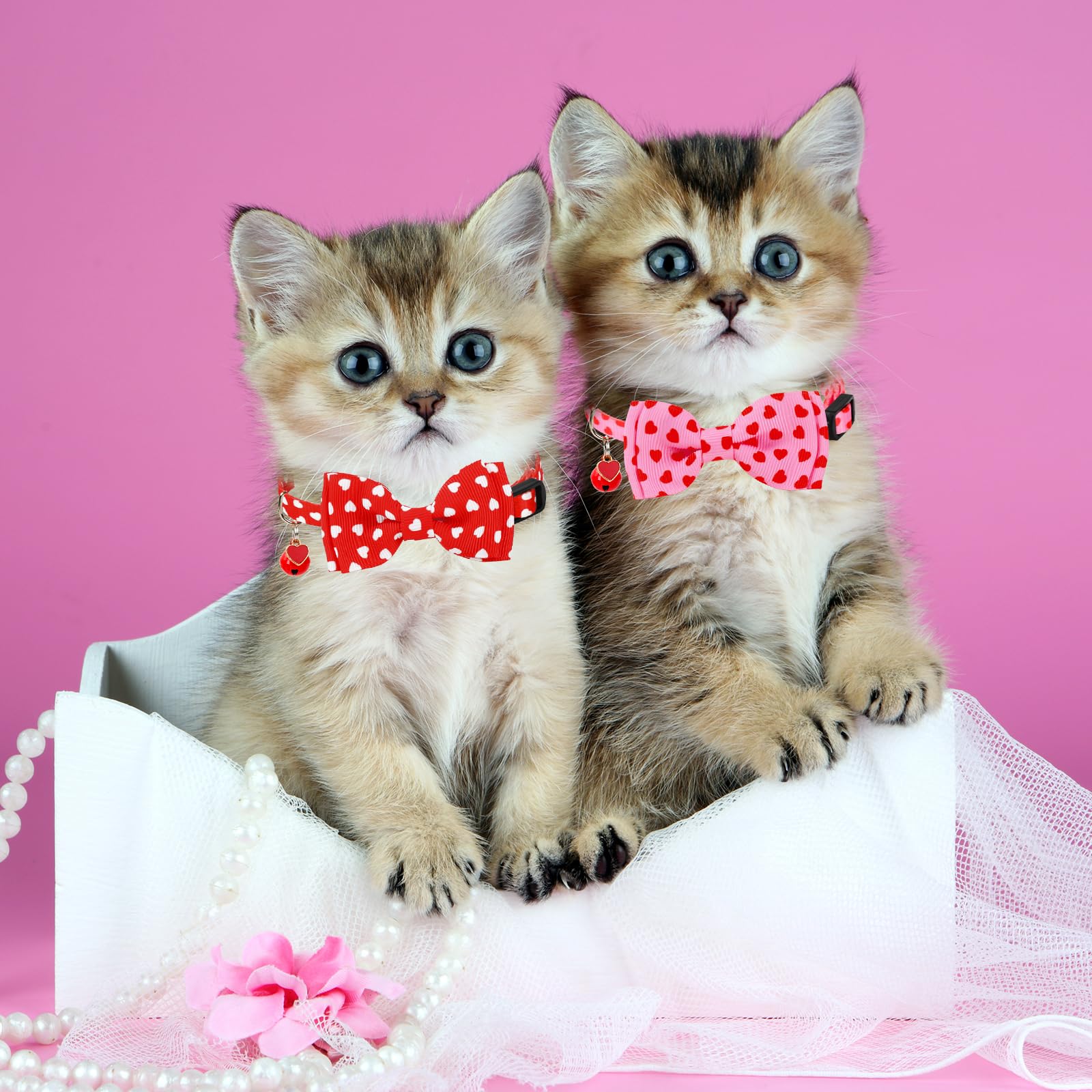 JarThenaAMCS 3 collares de gato para el día de San Valentín, collar de corazón con pajarita con campana separable, collar ajustable para gatito para niña, niño, gato, mascota pequeña