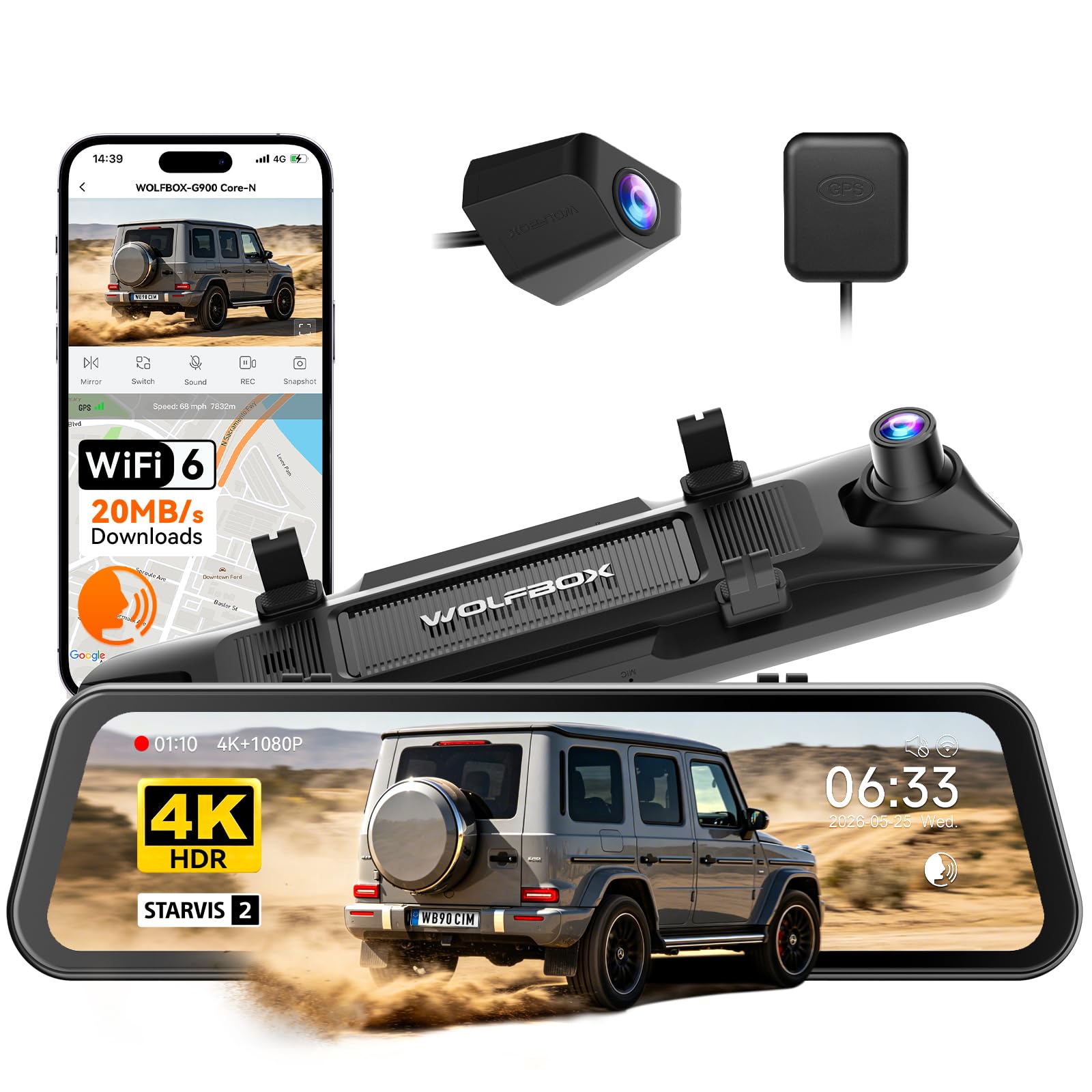 WOLFBOX G900 Core-N 12" Dash Cam a Specchio 4K Anteriore/Posteriore | 8MP STARVIS 2 IMX678, WiFi 6 5GHz, Controllo Vocale, Visione Notturna HDR, Loop, Cam Posteriore per Auto/Camion/SUV, Senza SD