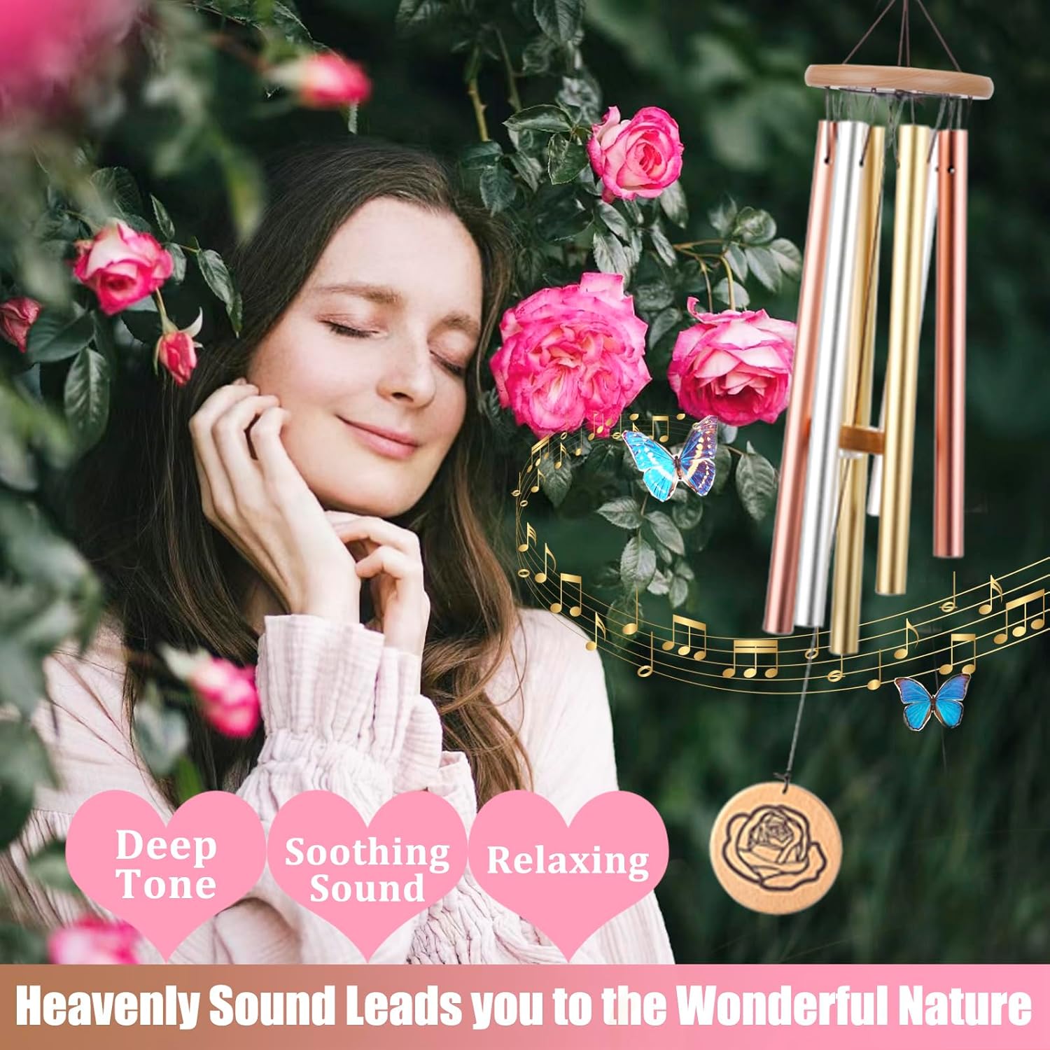 Wind Chimes Gifts for Mom Birthday Unique from Daughter Son, Mother's Day, Christmas, 32" Deep Tone Rose Windchimes Outdoors, Mothers Birthday Gifts, Garden Decor Patio Decor (Tri Color Gold)