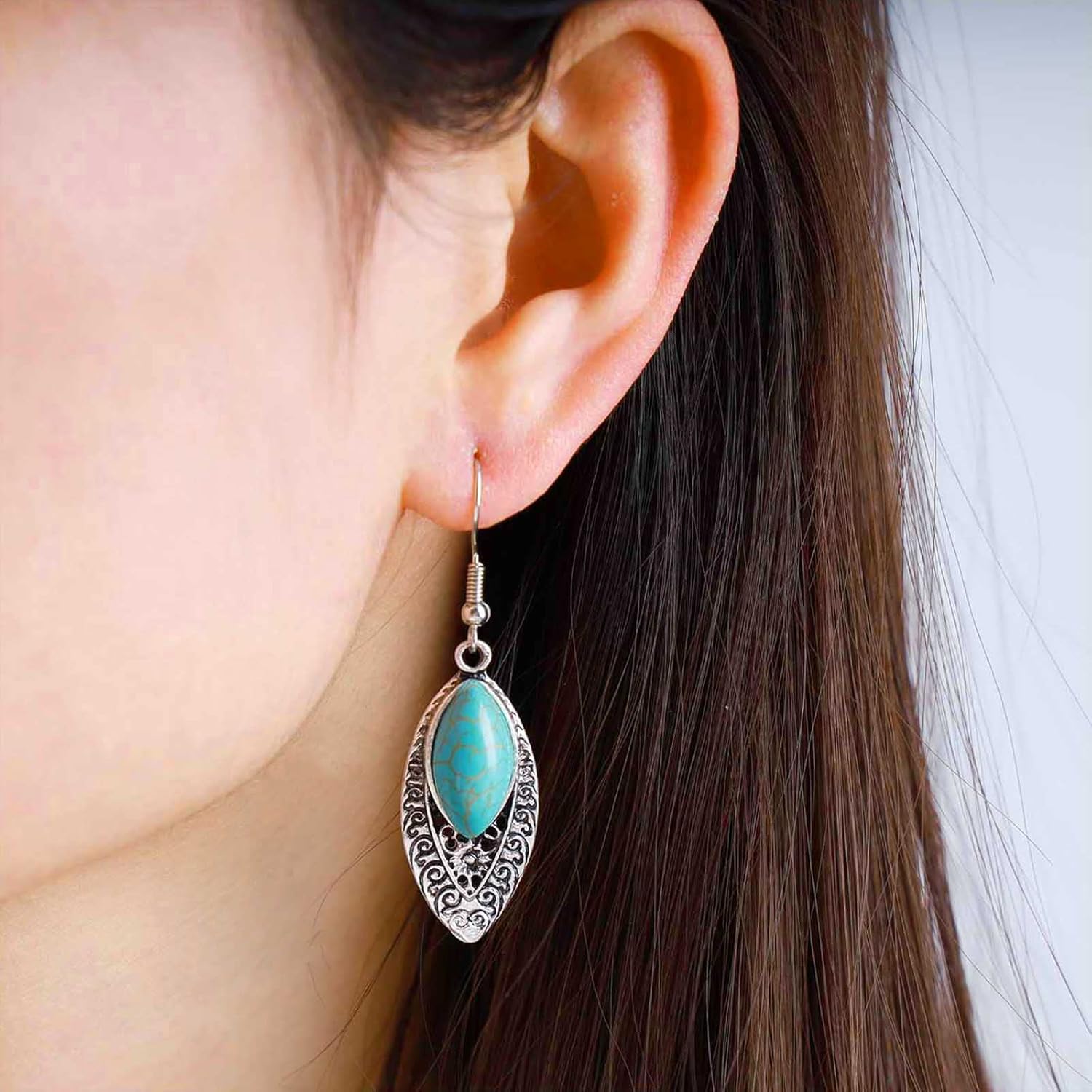 Vintage Turquoise Dangle Earrings Boho Blue Turquoise Earrings Oval Filigree Drop Earrings Tribal Blue Natural Stone Earrings Jewelry for Women - Image 6