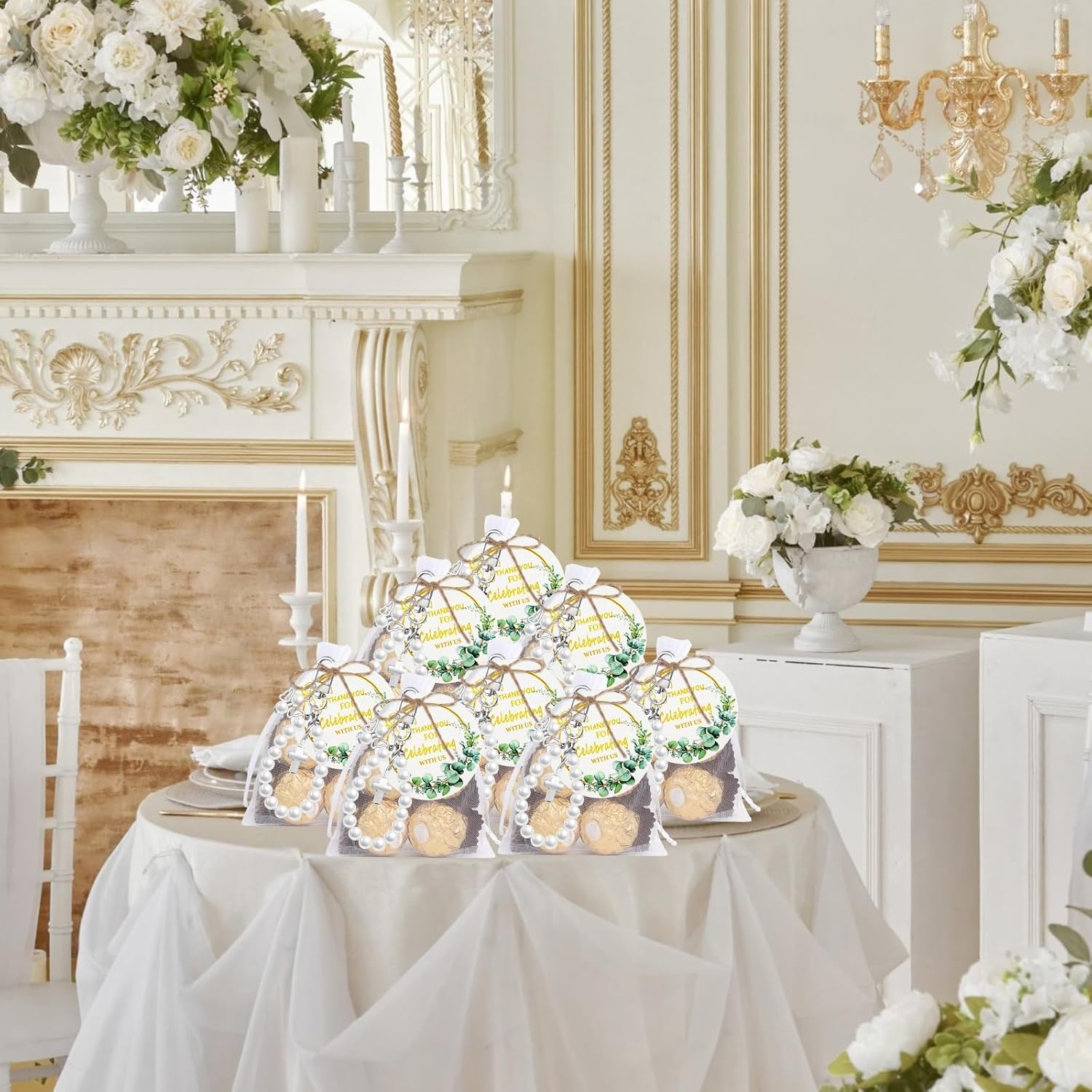 50 Sets Wedding Favors for Guests, Angel Pearl Keychain Wristlets with Thank You Cards Organza Bags Bridal Shower Party Gifts Wedding Souvenirs for Decorations